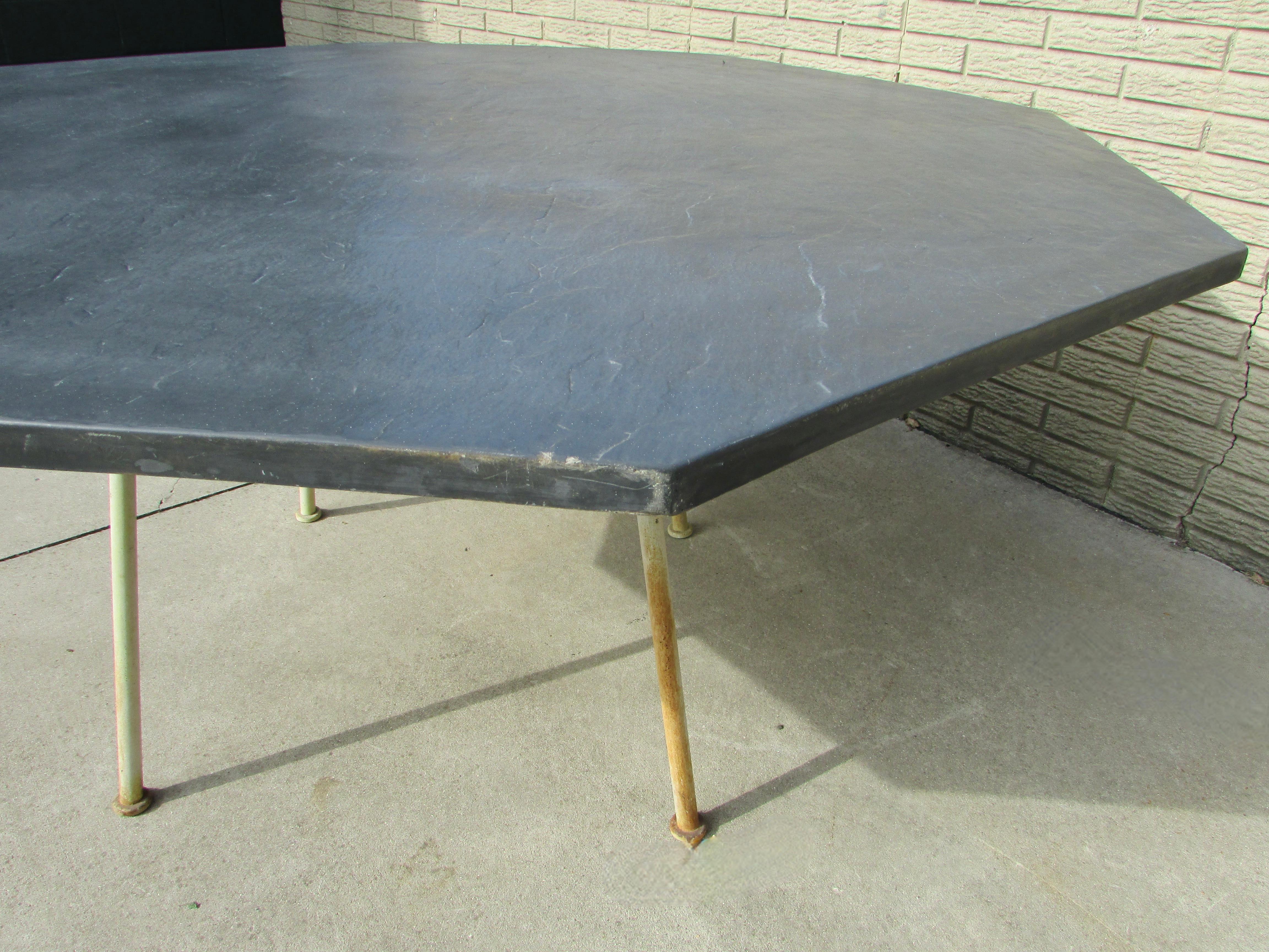 Large Woodard Faux Slate Top Dining Table on Wrought Iron Base Warehouse Special For Sale 1