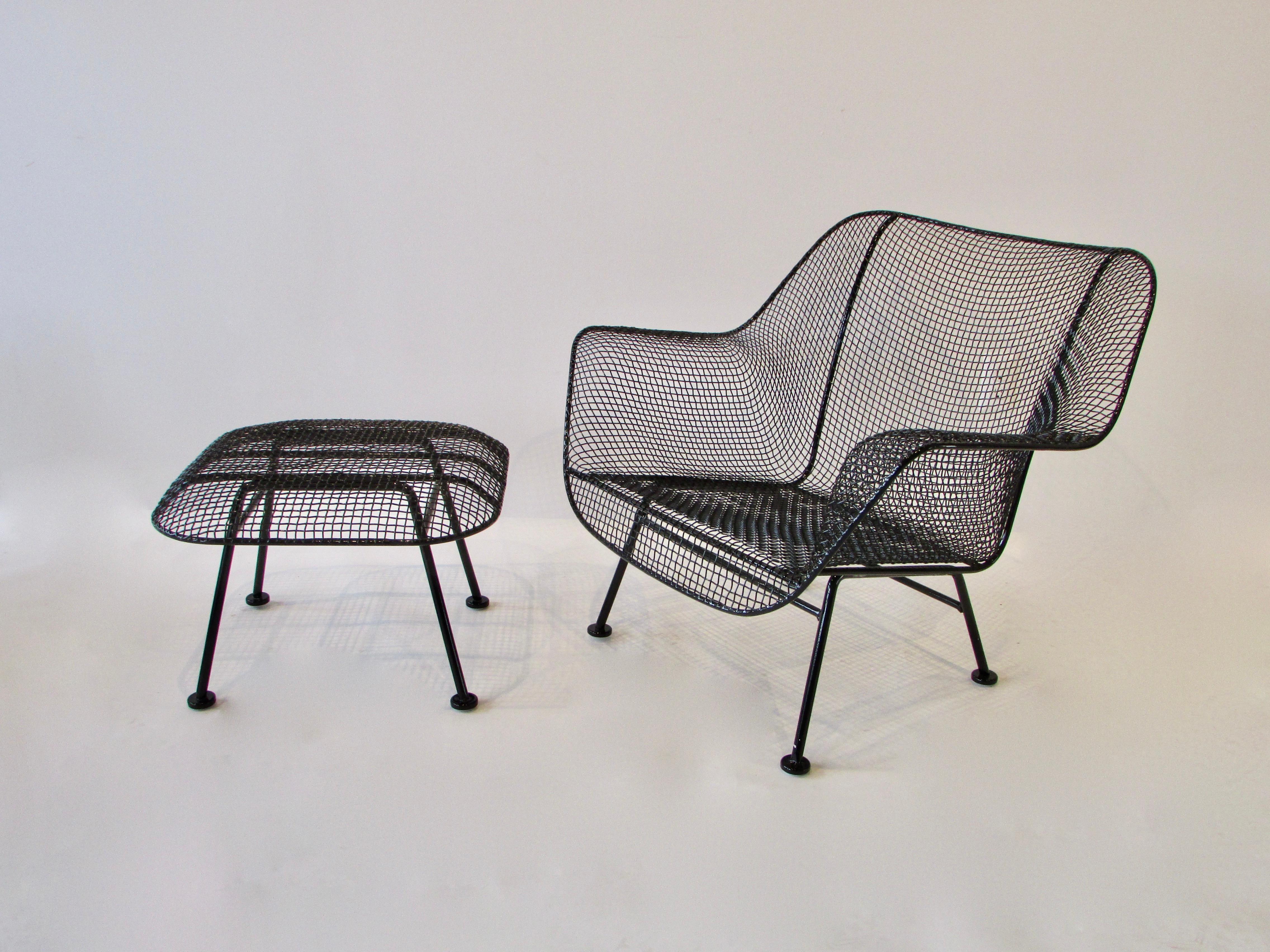 Mid-Century Modern Large Woodard Sculptura Wrought Iron with Steel Mesh Lounge Chair and Ottoman