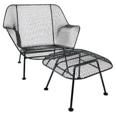 Retro Large Woodard Sculptura Wrought Iron with Steel Mesh Lounge Chair and Ottoman