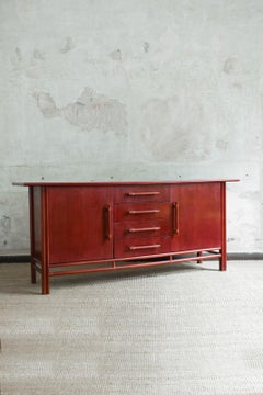 Large wooden and bamboo sideboard with leather bindings, 1970s