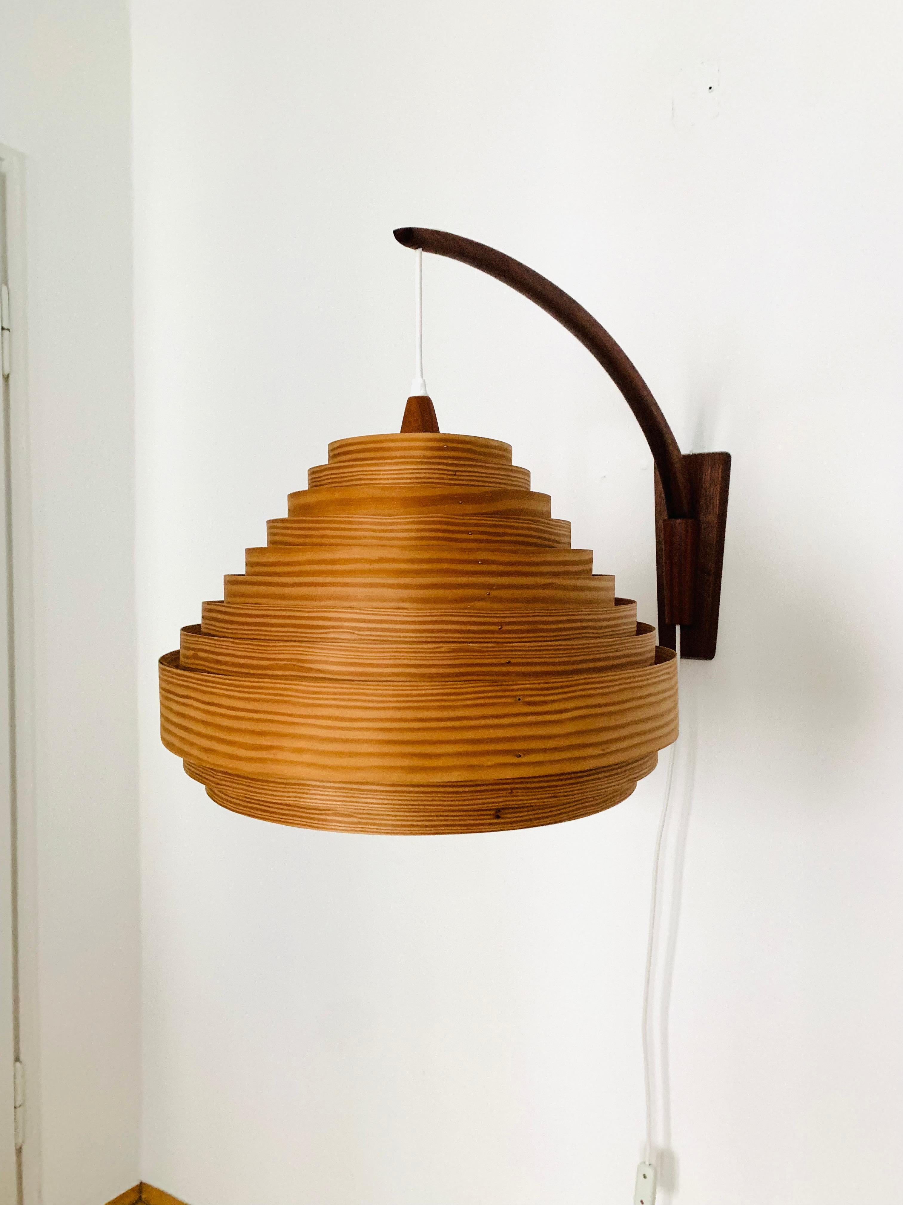 Swedish Large Wooden Arc Wall Lamp For Sale