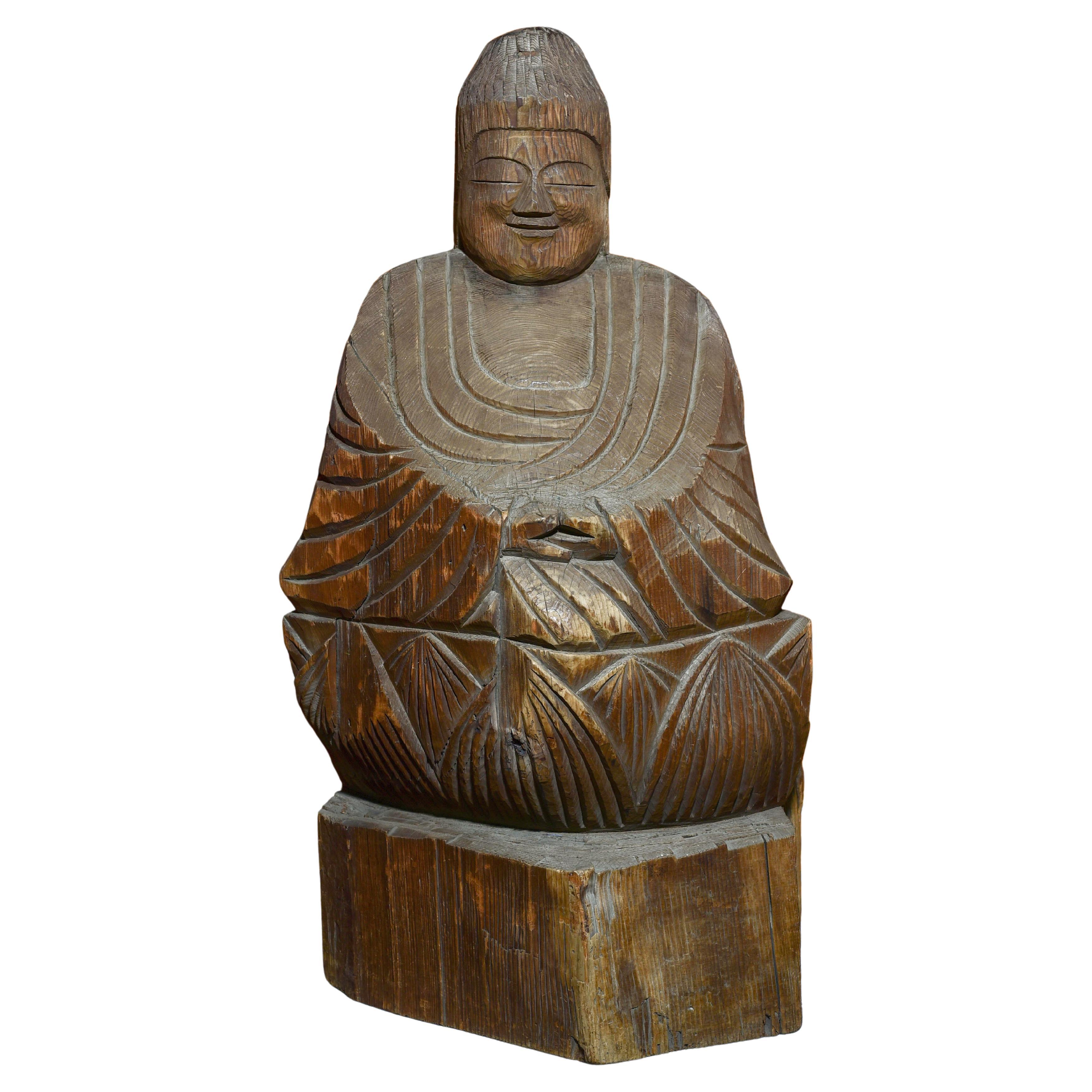 Grande sculpture de Bouddha en bois sculptée par Enku, Période Edo, Japon, XVIIe siècle
