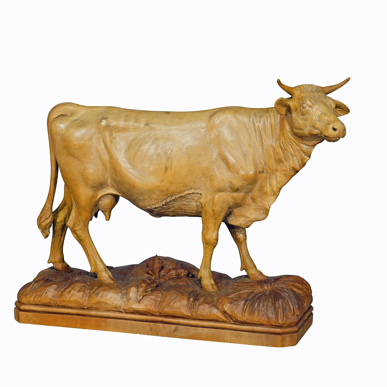 Large Wooden Carved Female Cattle Sculpture Brienz Switzerland ca. 1920s
Item e7301
A very large naturalistically carved female cattle - masterly carved in lindenwood, Swiss, Brienz ca. 1920s. Very good original condition, horns restored (almost not