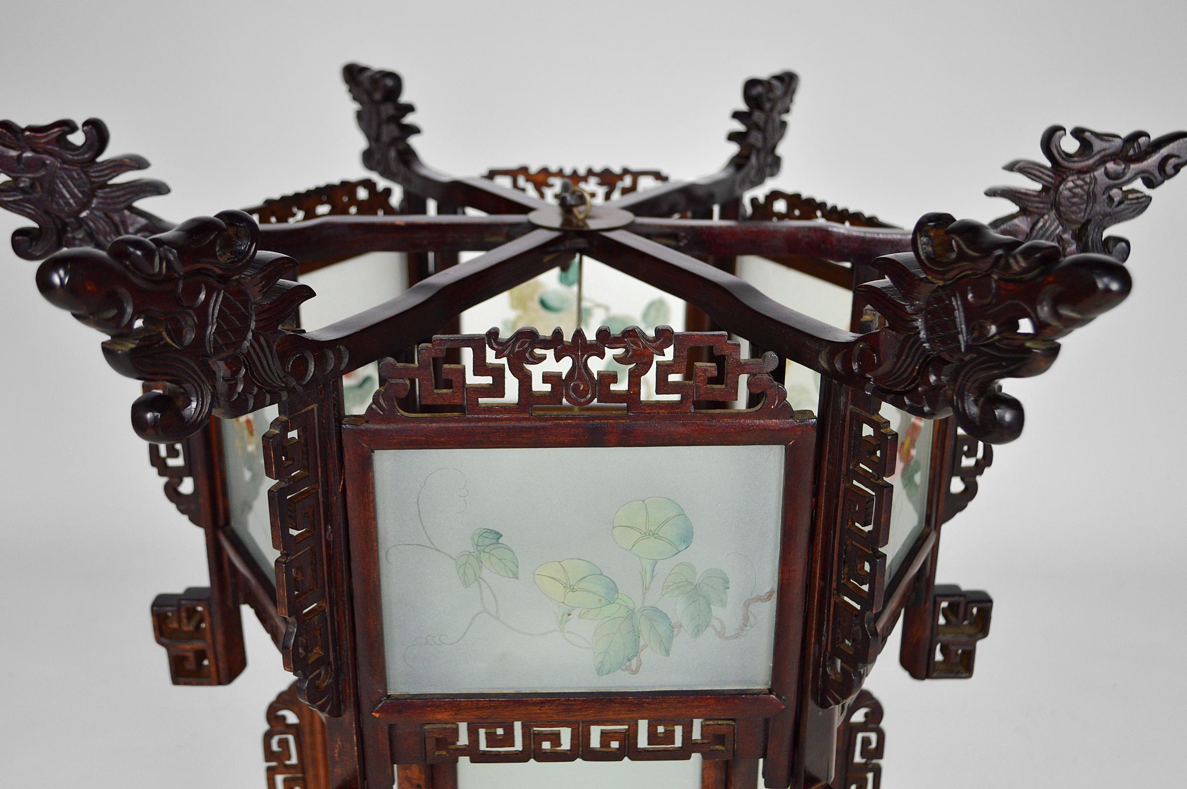 Large Wooden Chinese Lantern with Dragons and Painted Glass, circa 1900 For Sale 8