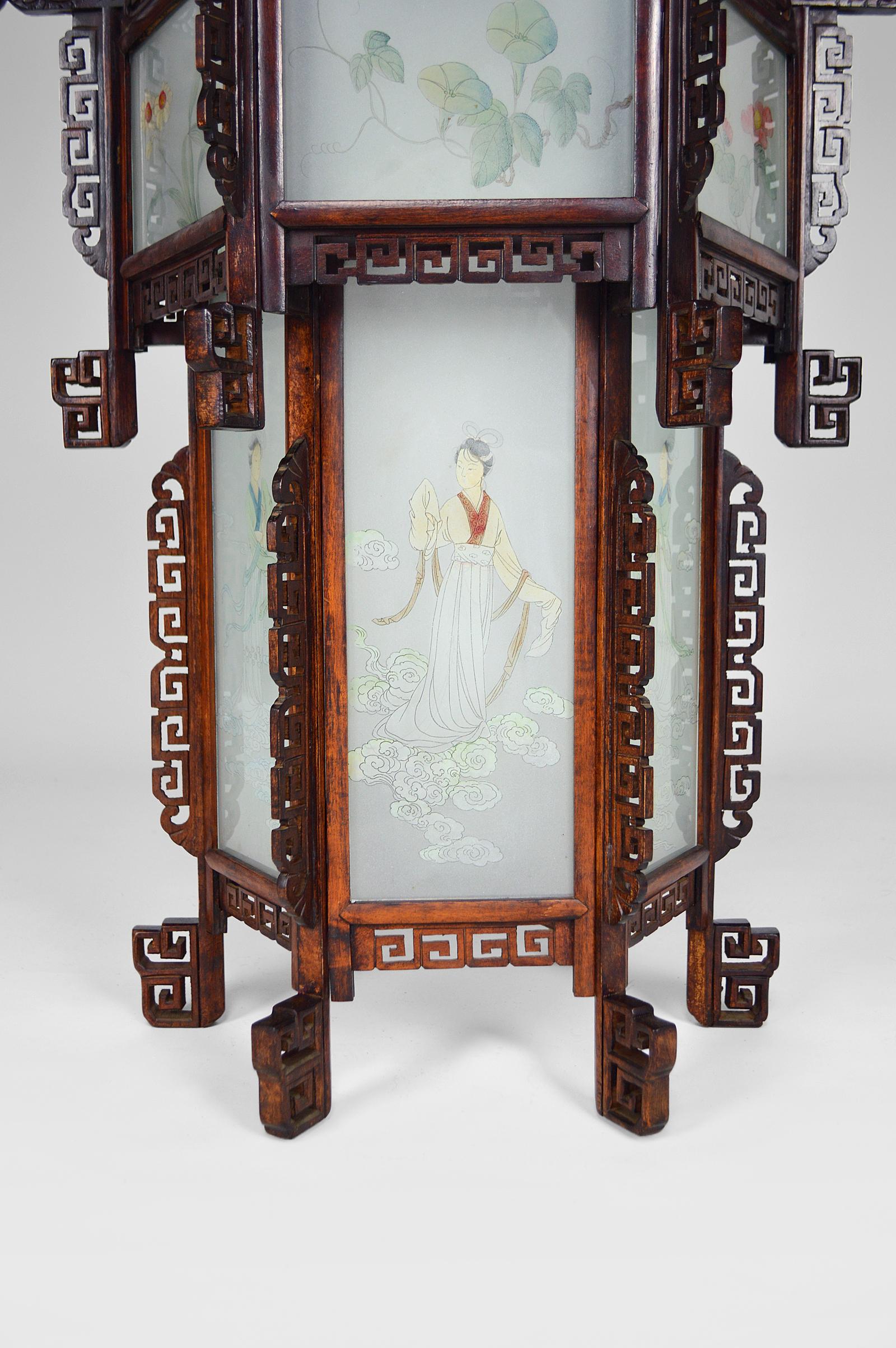 Large Wooden Chinese Lantern with Dragons and Painted Glass, circa 1900 For Sale 9
