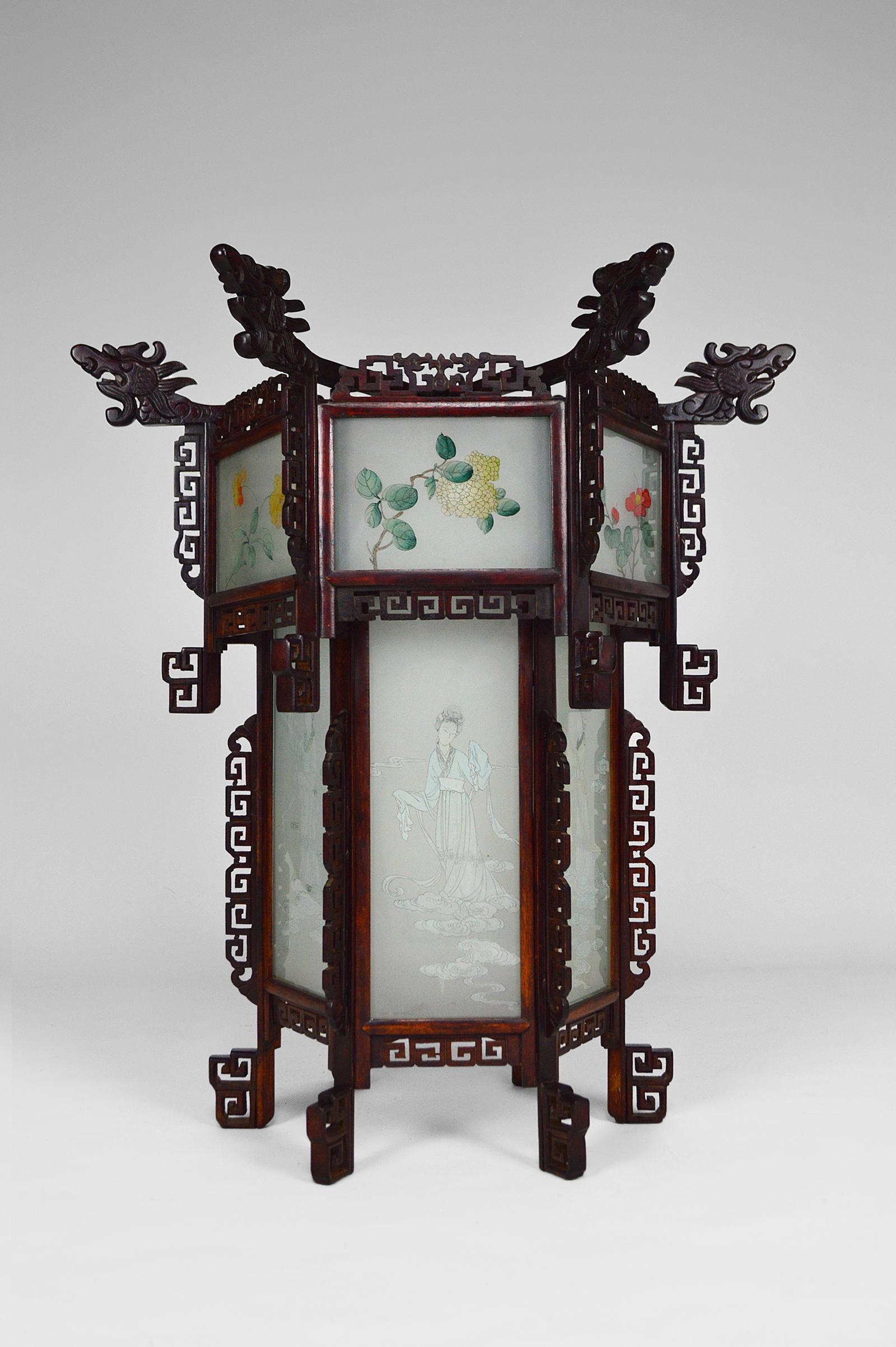 Chinese Export Large Wooden Chinese Lantern with Dragons and Painted Glass, circa 1900 For Sale