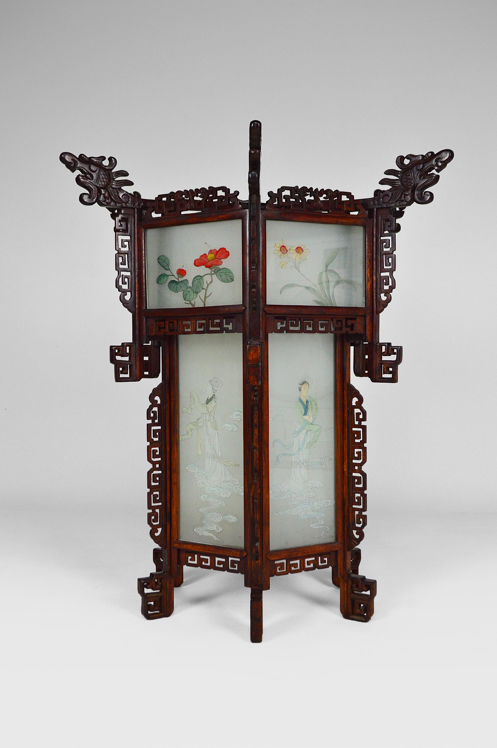 Carved Large Wooden Chinese Lantern with Dragons and Painted Glass, circa 1900 For Sale