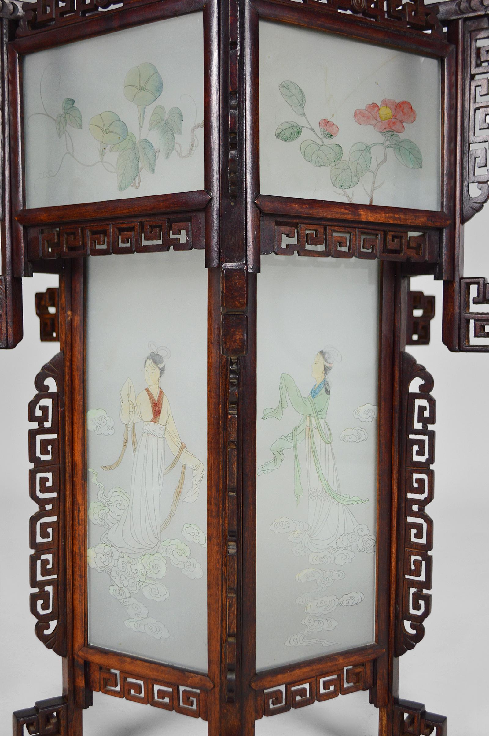 Early 20th Century Large Wooden Chinese Lantern with Dragons and Painted Glass, circa 1900 For Sale