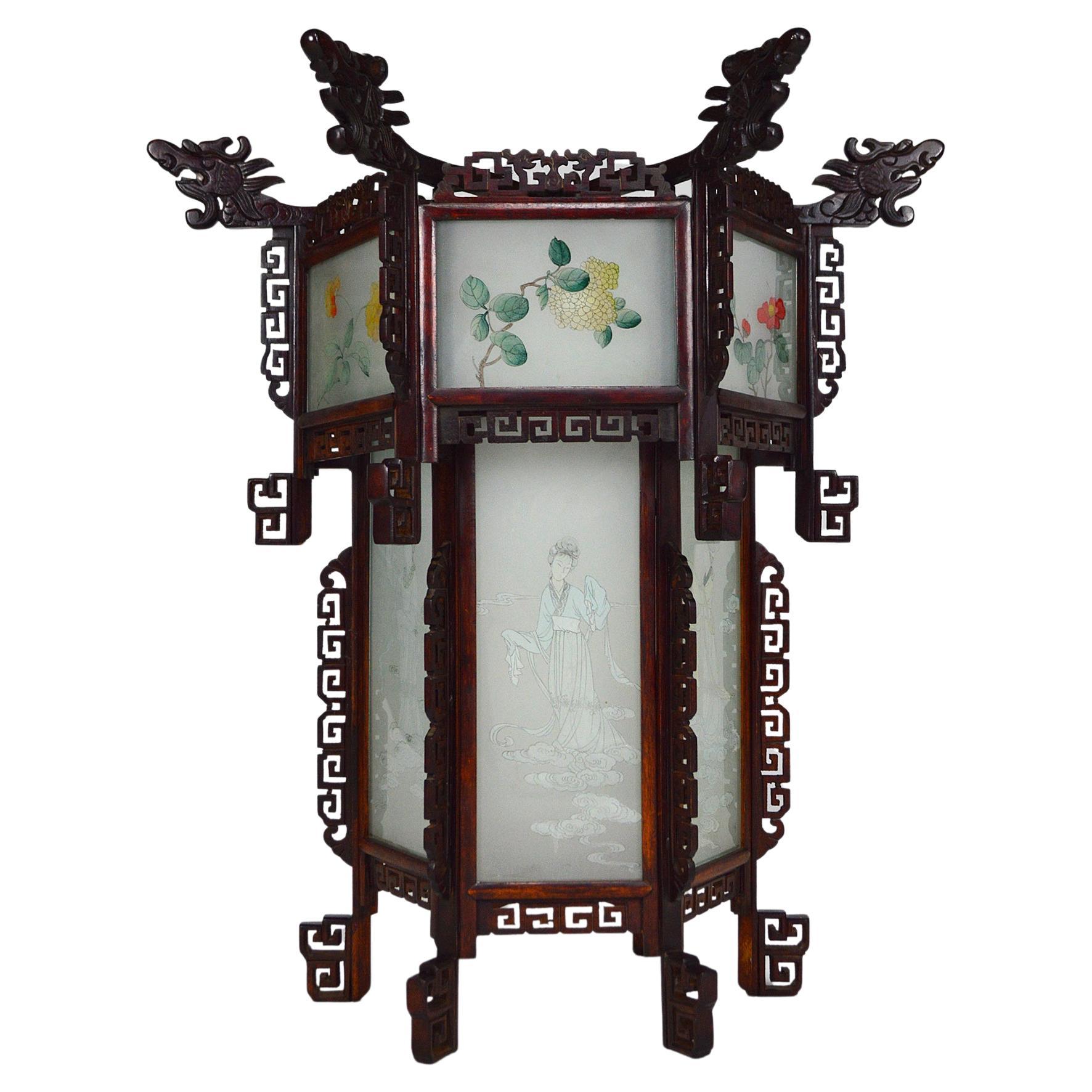 Large Wooden Chinese Lantern with Dragons and Painted Glass, circa 1900 For Sale