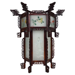 Large Wooden Chinese Lantern with Dragons and Painted Glass, circa 1900