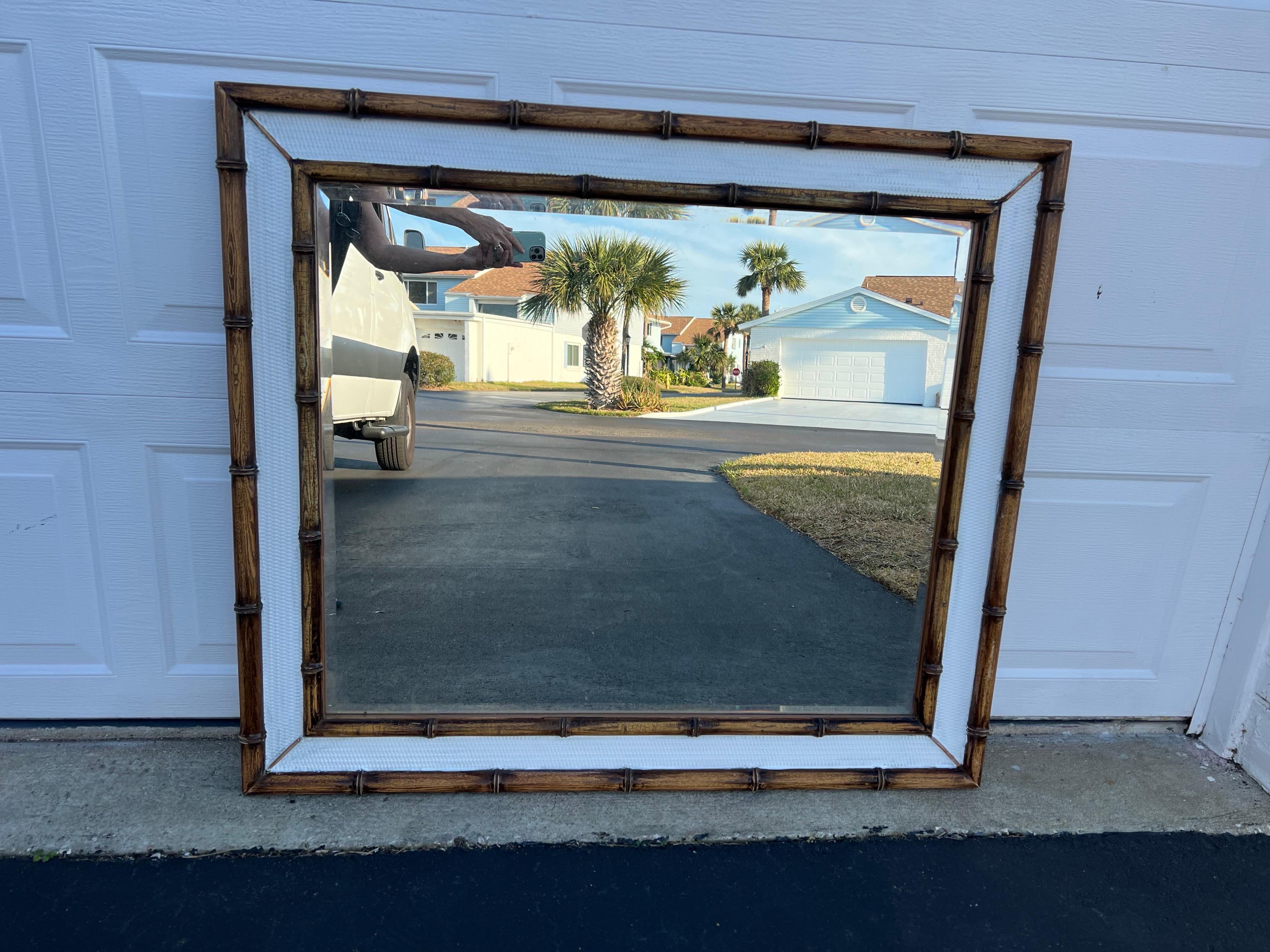 Large Faux Bamboo Mirror. Tow tone natural wood and painted white.
Nice piece for over a dresser or a Large wall. This was not professionally painted so edges are a bit unclean. Or paint the whole thing white or a high closs bright color to pop