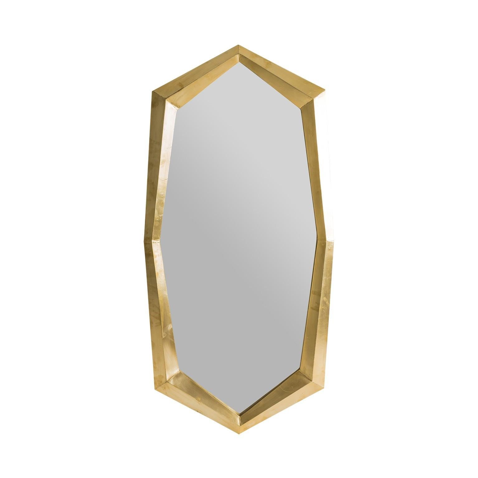 Large wooden gold patina and design mirror shaped as a diamond.
