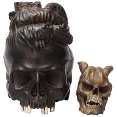 Large Wooden Hand-Carved Ebony Heart Skull and Small Demon Skull