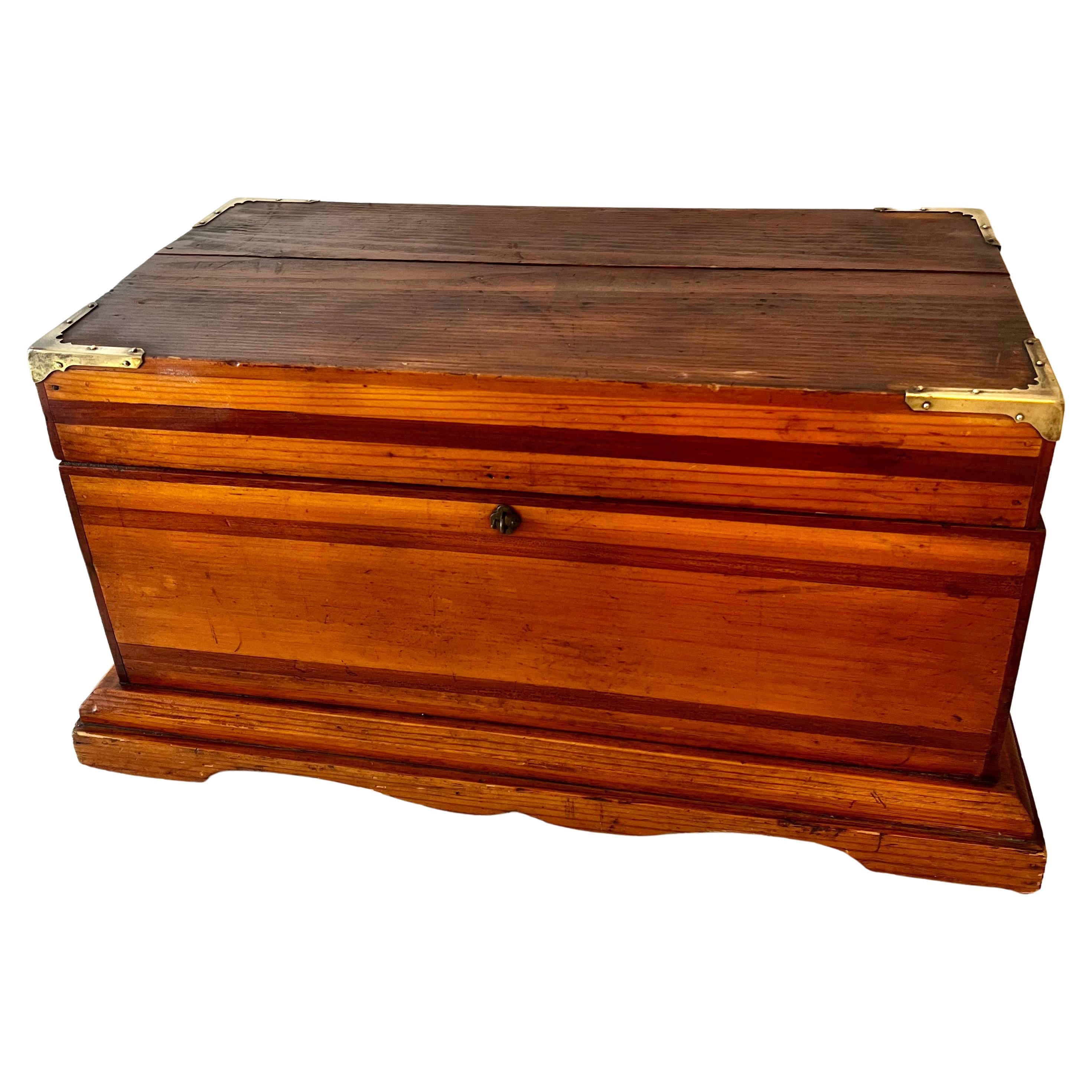 Large Wooden Hand Made Box with Brass Corners For Sale