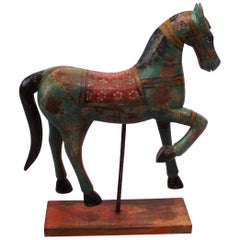 Large Wooden Horse Figure Decorated with Different Dark Colors, 1920s