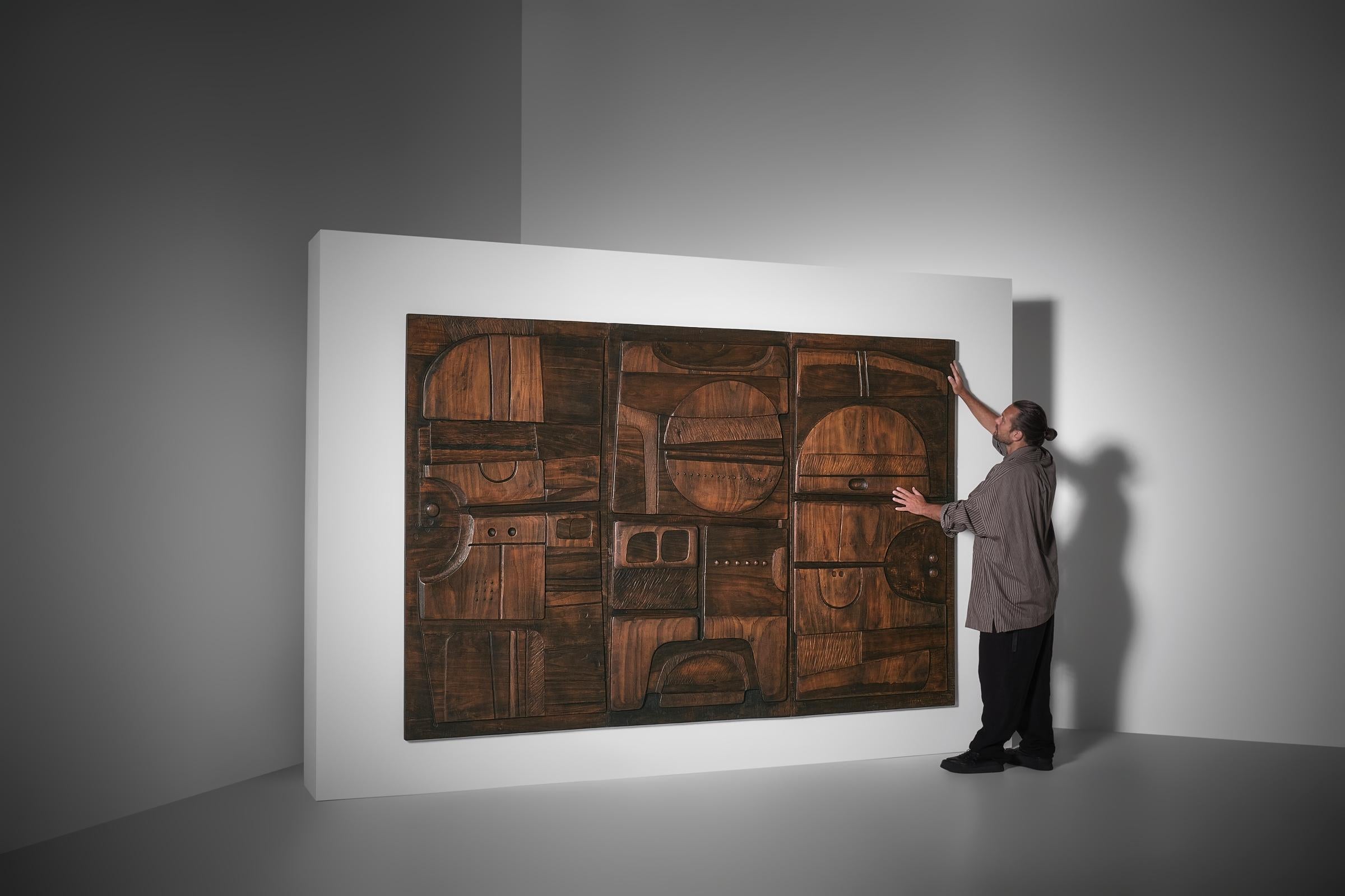 Large Wooden Sculptural Triptych by Nerone Ceccarelli, Italy ca. 1978 For Sale 4