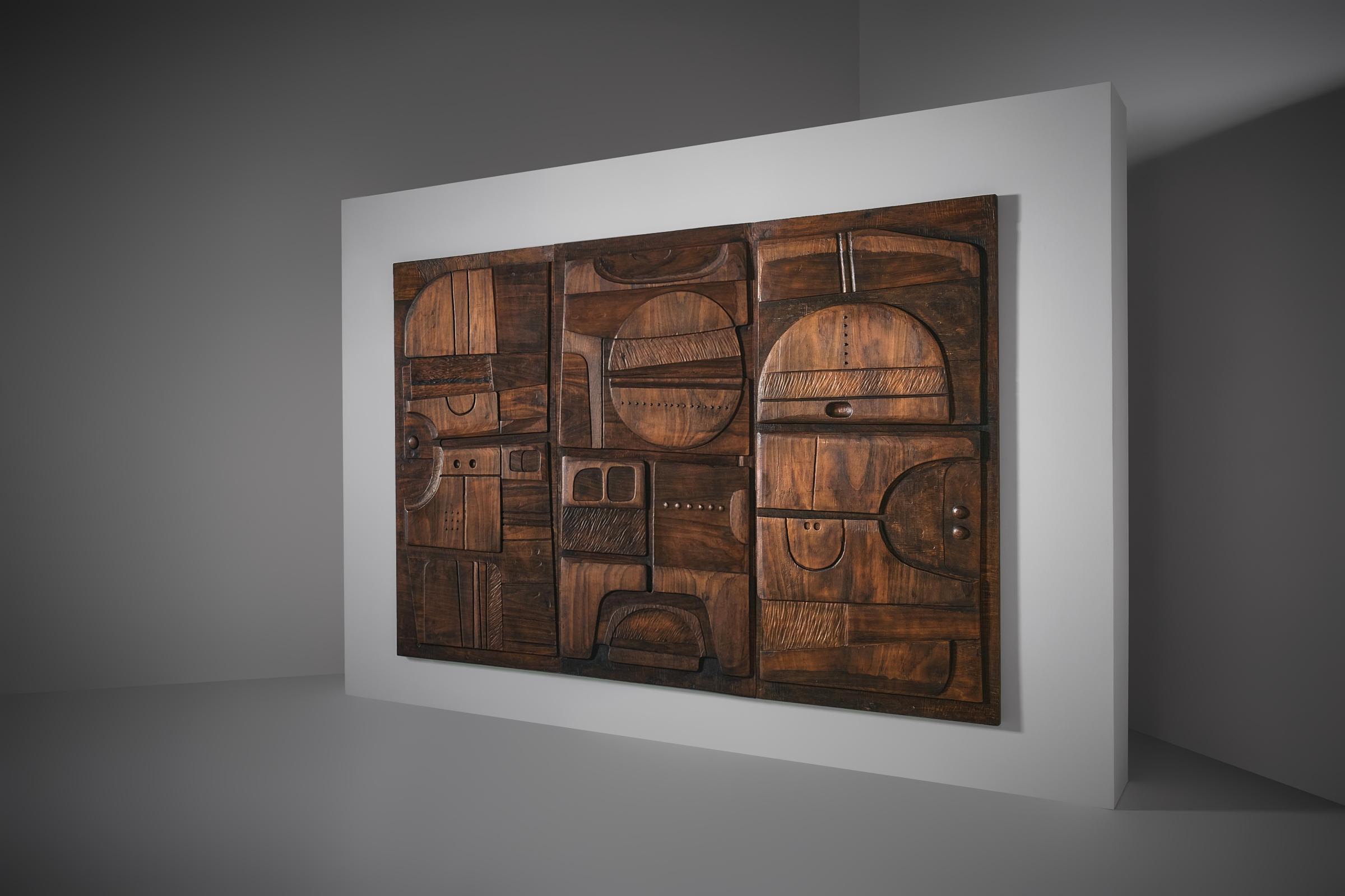 Large Wooden Sculptural Triptych by Nerone Ceccarelli, Italy ca. 1978 For Sale 1