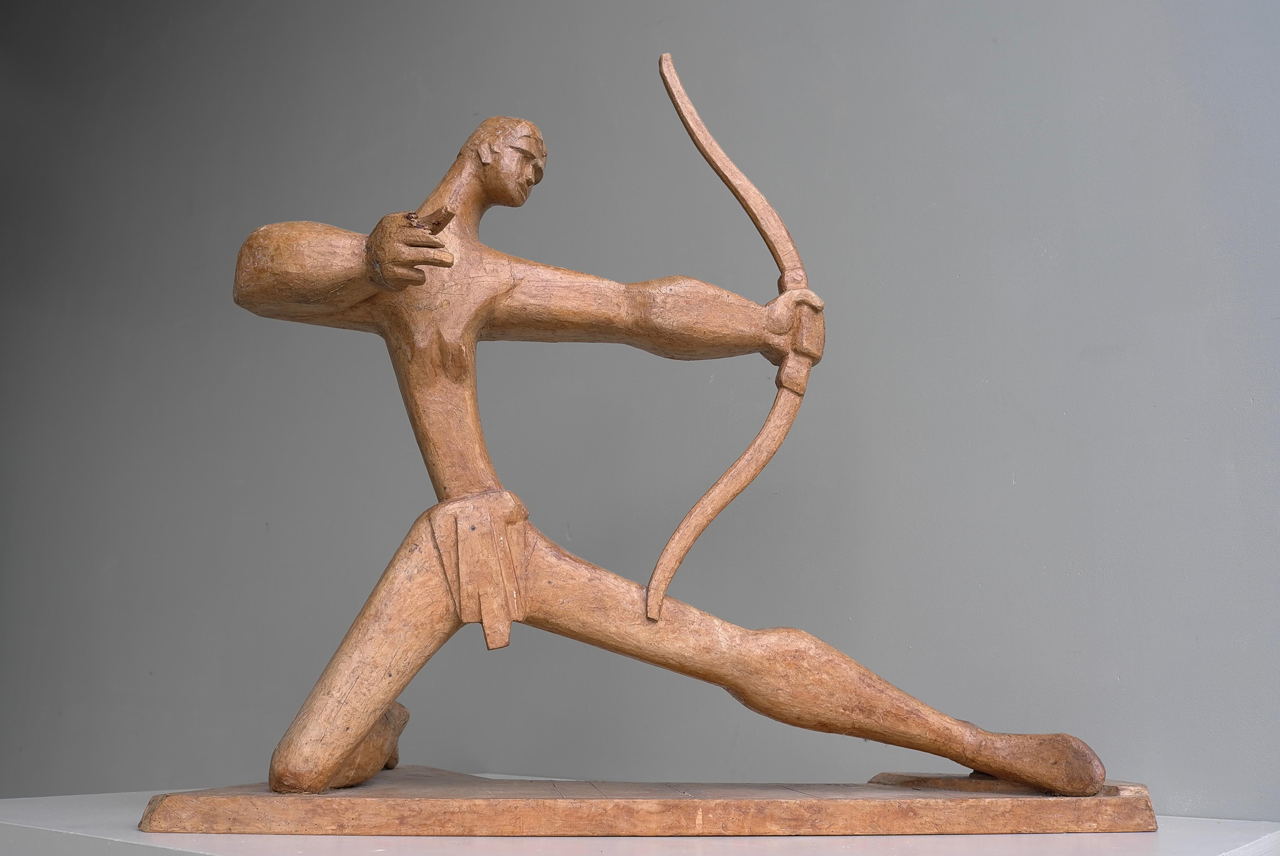 Large Wooden Sculpture of an Archer dated and Signed, France 1968 For Sale 1