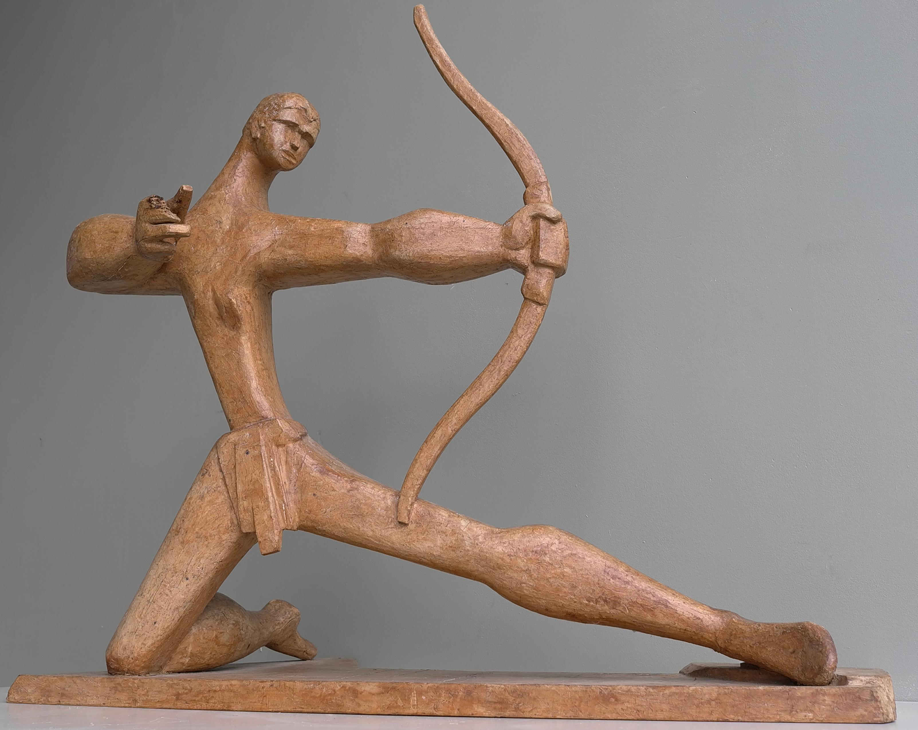 Large Wooden Sculpture of an Archer dated and Signed, France 1968 For Sale 3
