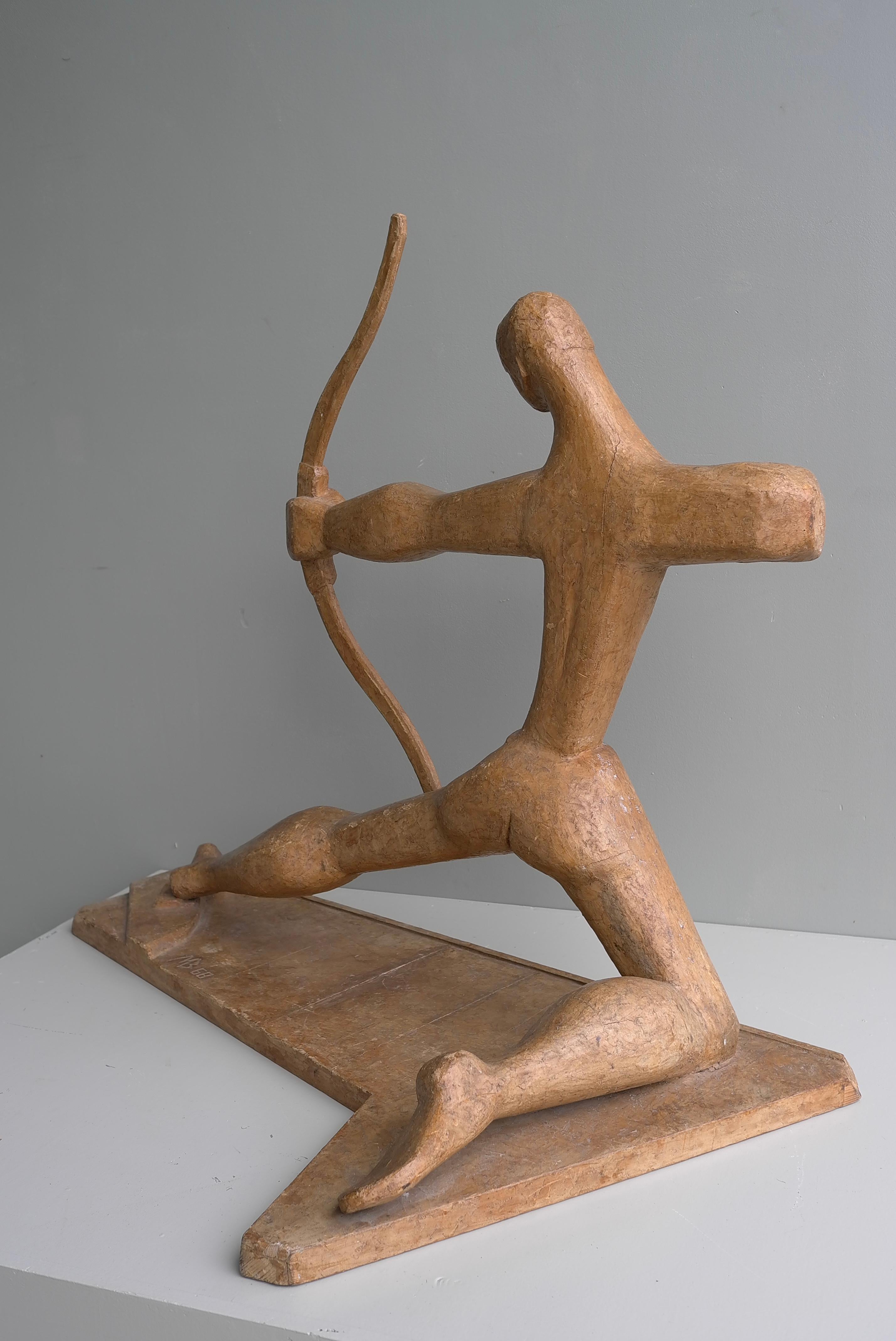 Large Wooden Sculpture of an Archer dated and Signed, France 1968 For Sale 5