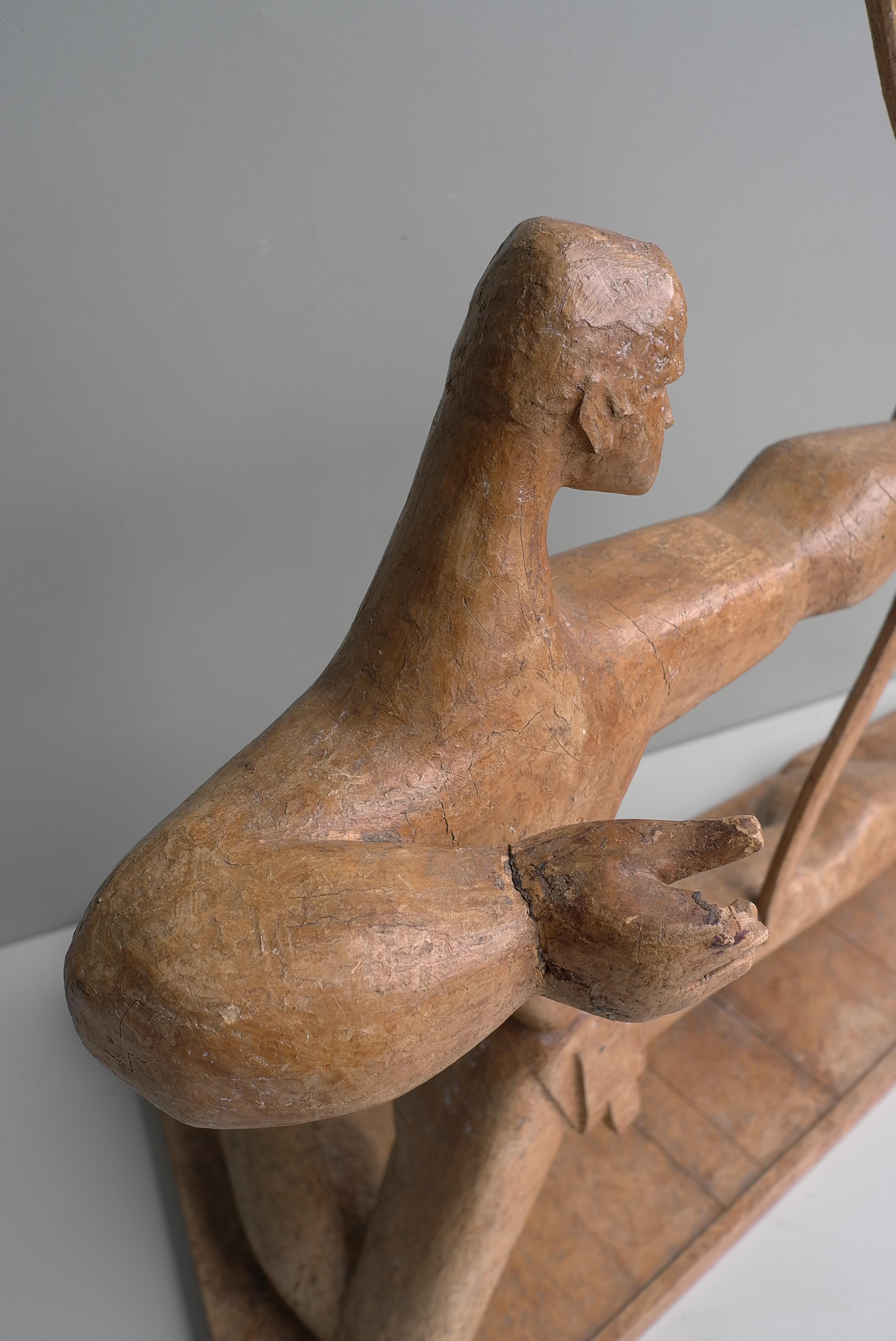 French Large Wooden Sculpture of an Archer dated and Signed, France 1968 For Sale
