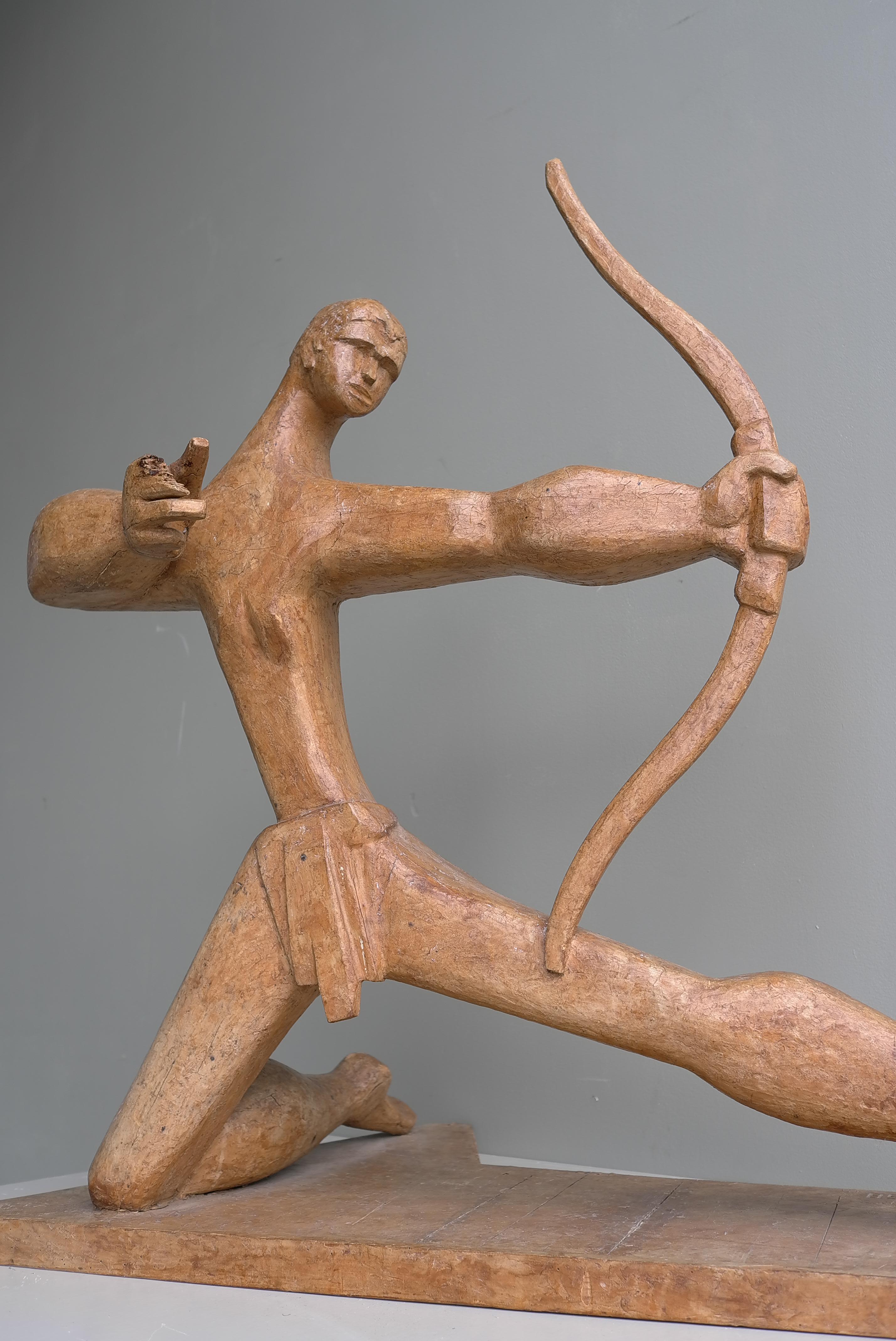 Hand-Carved Large Wooden Sculpture of an Archer dated and Signed, France 1968 For Sale