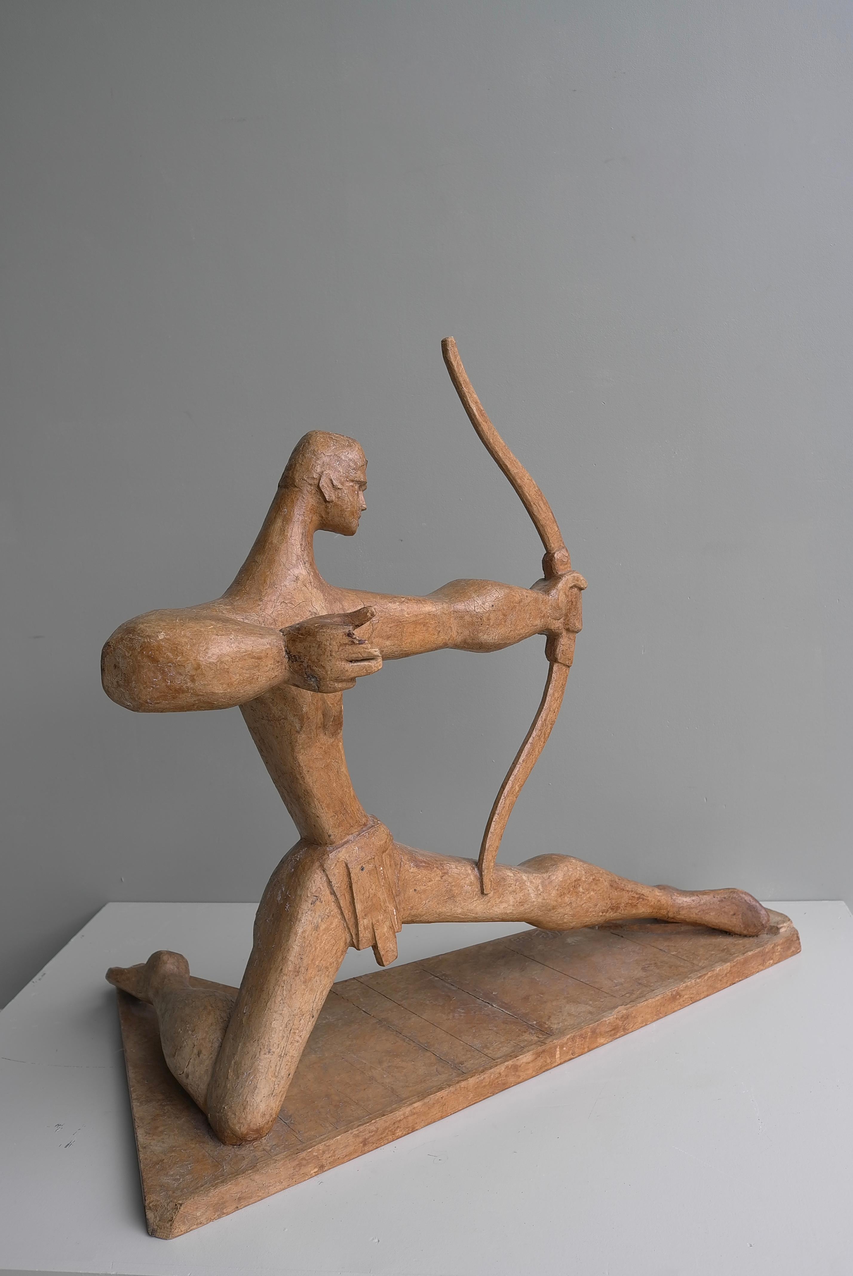 Mid-20th Century Large Wooden Sculpture of an Archer dated and Signed, France 1968 For Sale