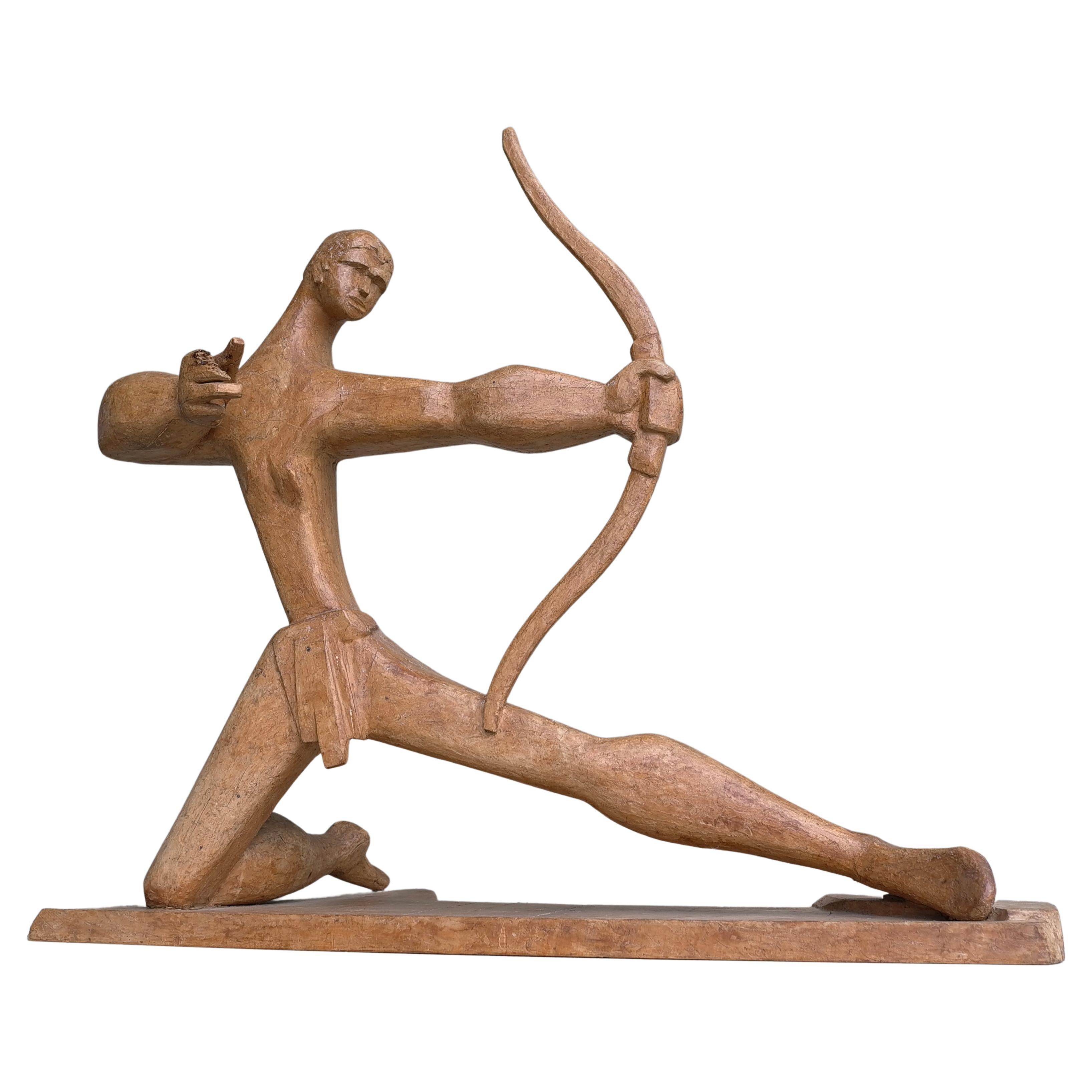 Large Wooden Sculpture of an Archer dated and Signed, France 1968 For Sale