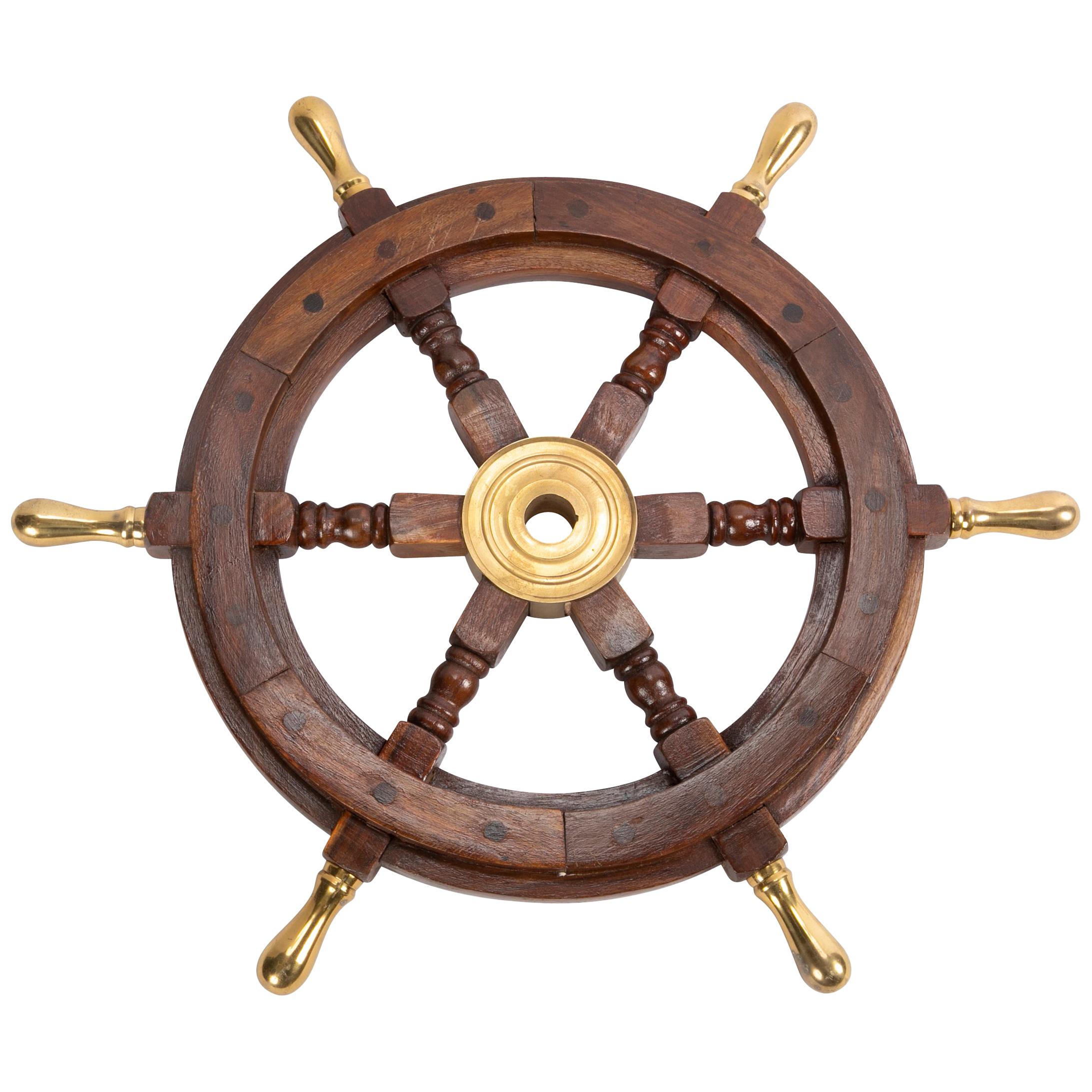 Large Wooden Ship's Wheel with Brass Accents For Sale