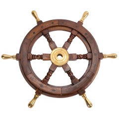 Large Wooden Ship's Wheel with Brass Accents