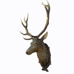 Large Wooden Stag Head with Real Antlers, Austria Ebensee, ca. 1900