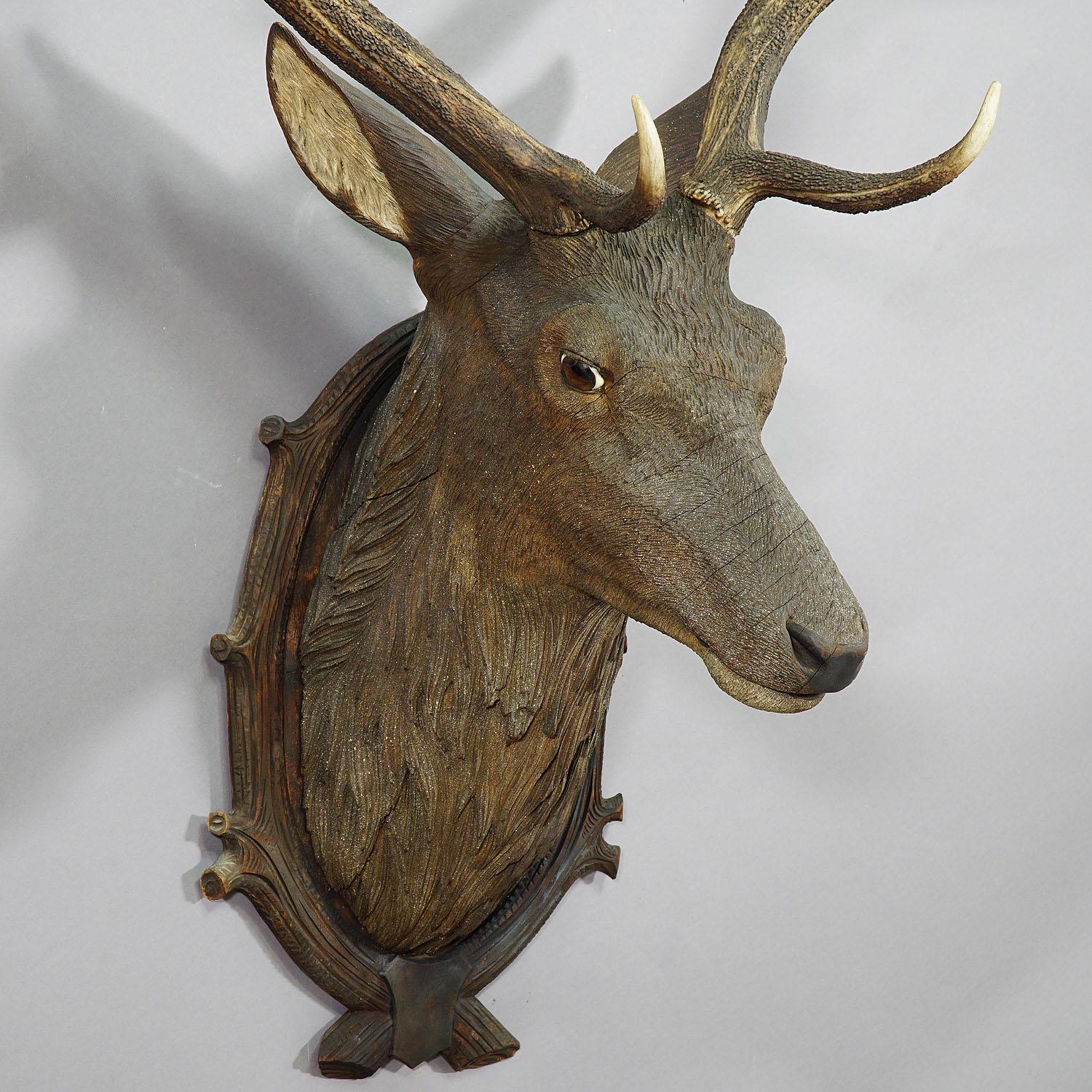 German Large Wooden Stag Head with Real Antlers, Austria Ebensee, ca. 1900