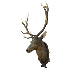 Large Wooden Stag Head with Real Antlers, Austria Ebensee, ca. 1900