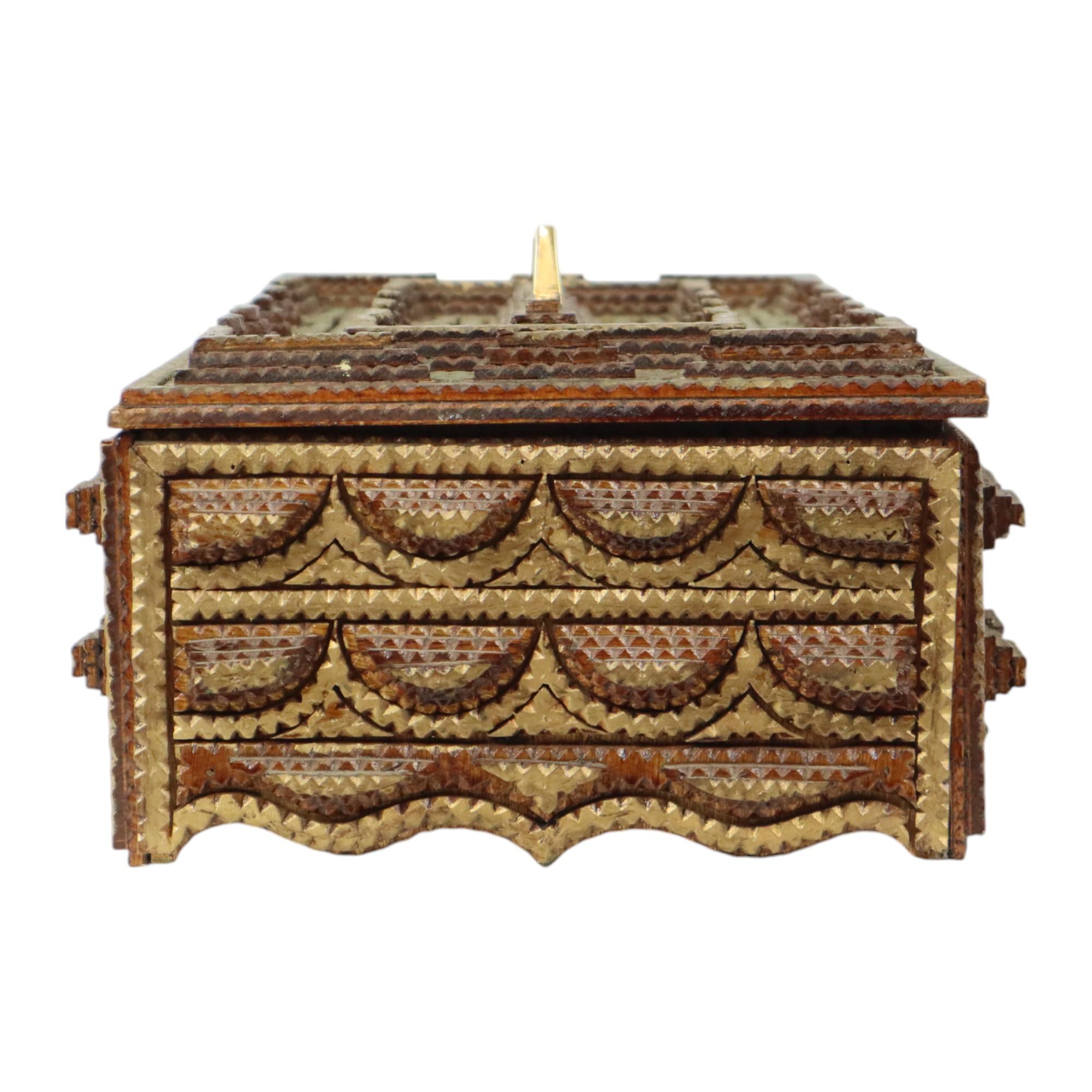 Mid-20th Century Large Wooden Tramp Art Box Folk Art Gold 20th Century For Sale