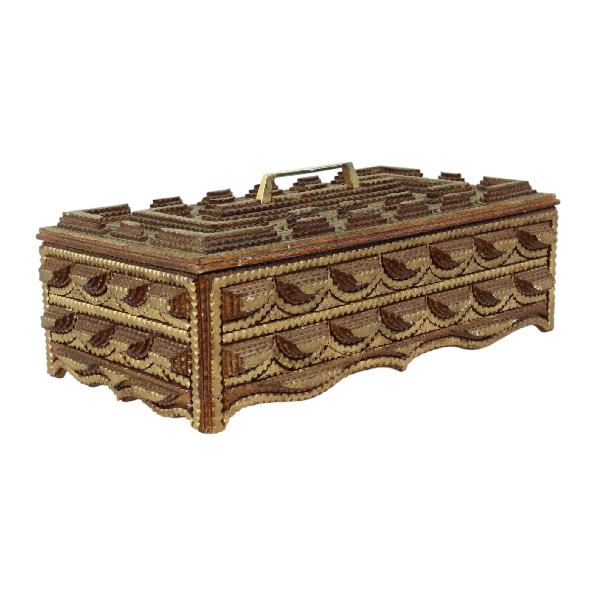 Large Wooden Tramp Art Box Folk Art Gold 20th Century For Sale 2