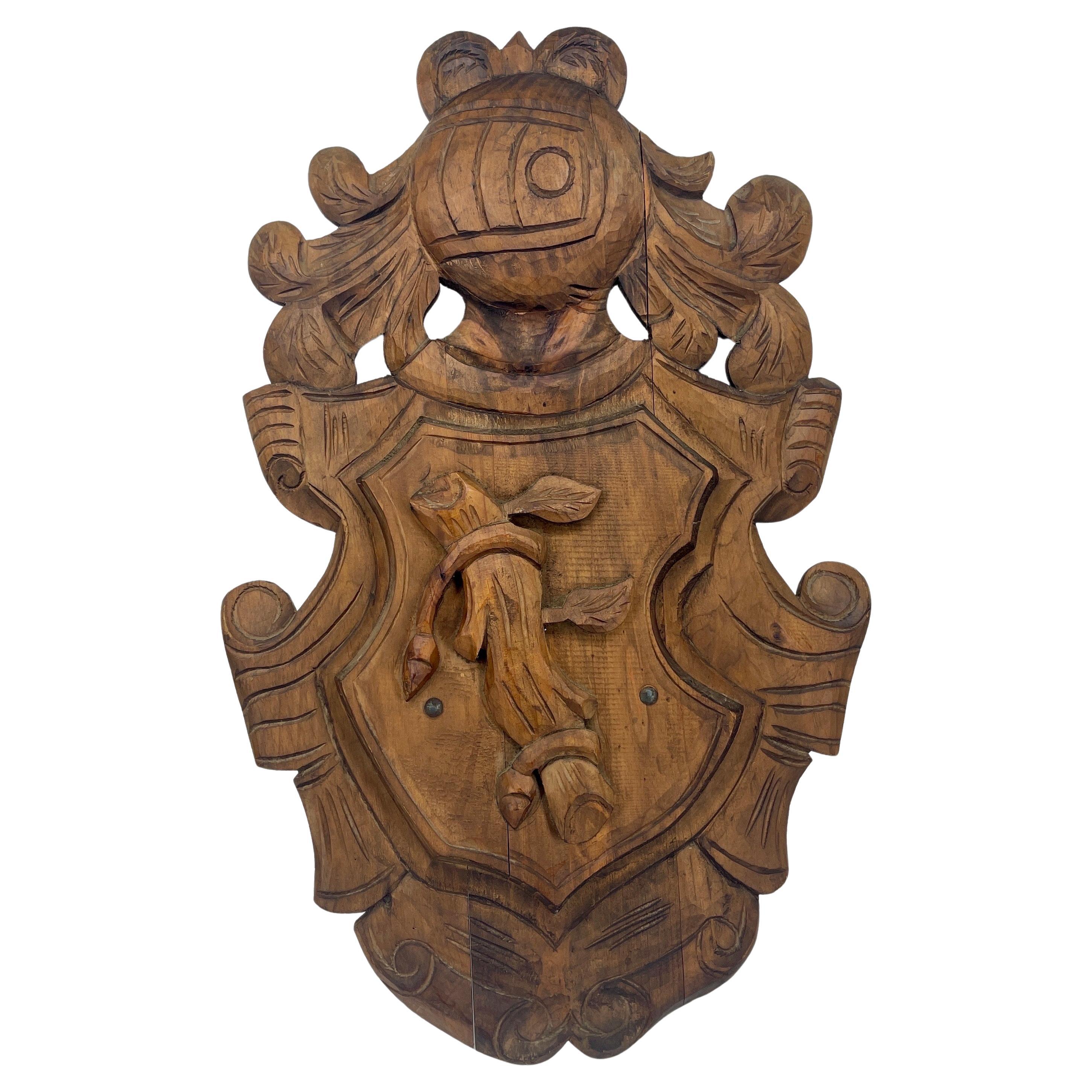 Large English oak wall mounted code of arms.