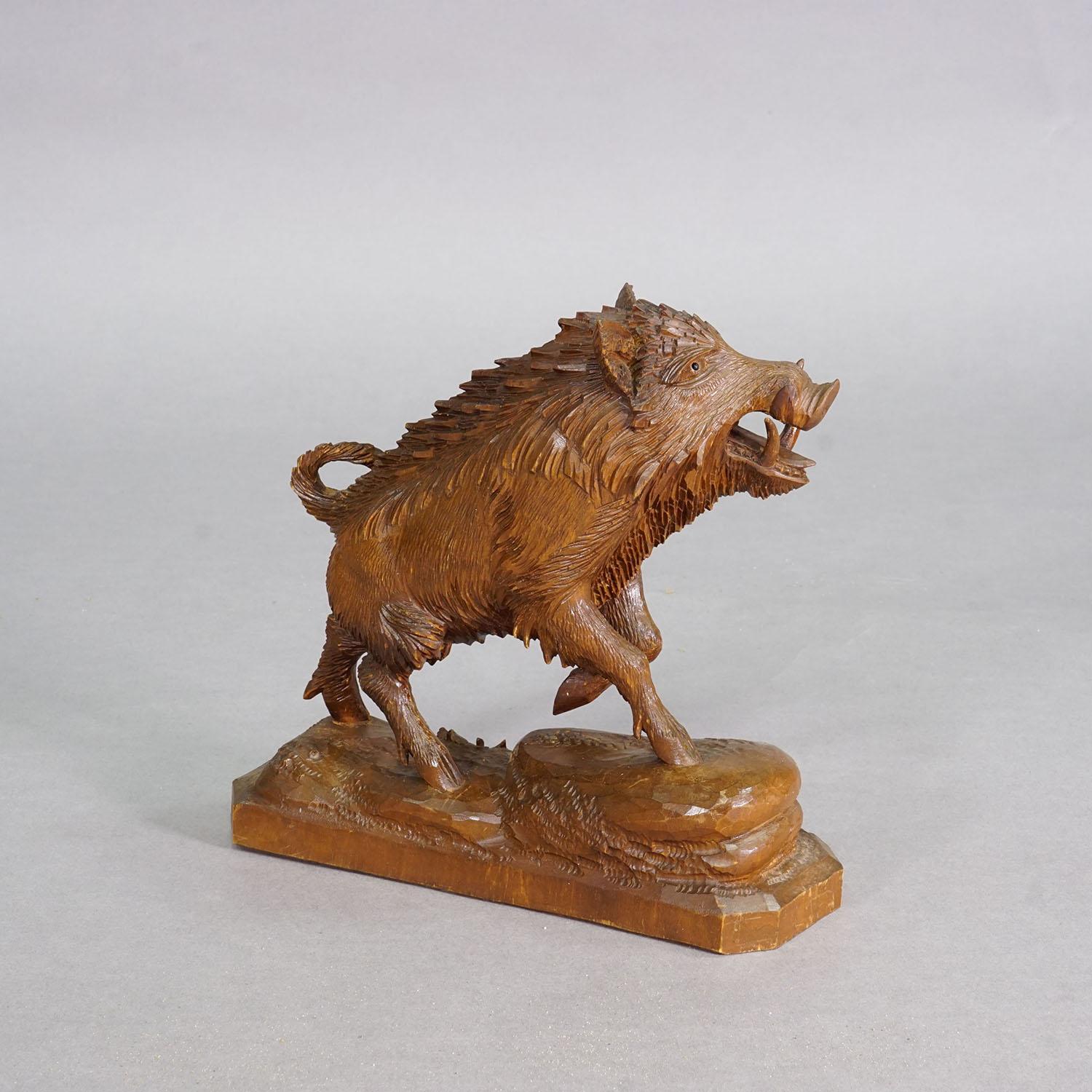 Grosses hölzernes Wildschwein Handgeschnitzt in Brienz ca. 1930er Jahre

Diese handgeschnitzte Holzskulptur stellt ein dynamisches Wildschwein in voller Bewegung dar und besticht durch die detailgetreue Darstellung des borstigen Fells und den