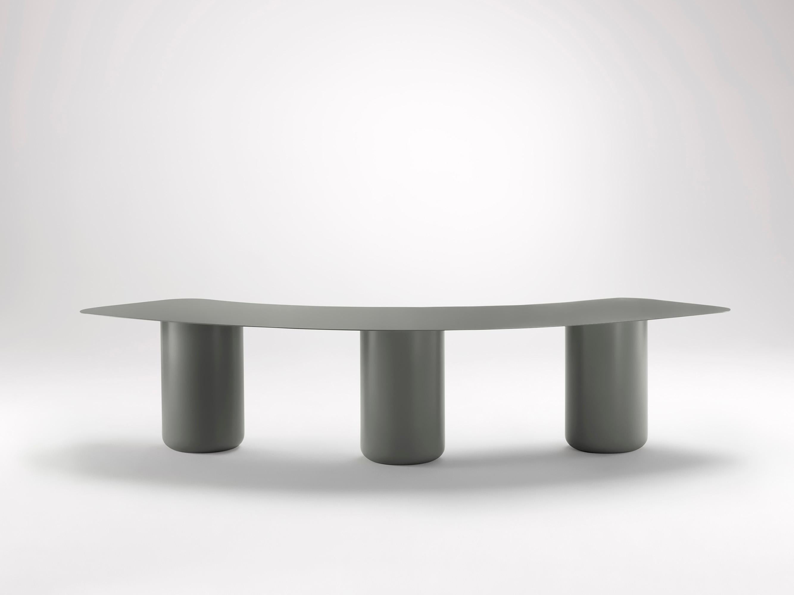 Large Woodland Grey Curved Bench by Coco Flip
Dimensions: D 75 x W 200 x H 42 cm
Materials: Mild steel, powder-coated with zinc undercoat. 
Weight: 44 kg

Coco Flip is a Melbourne based furniture and lighting design studio, run by us, Kate Stokes