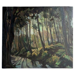 Large Woodland Landscape By Maurice Peltier, Original Vintage Oil Painting