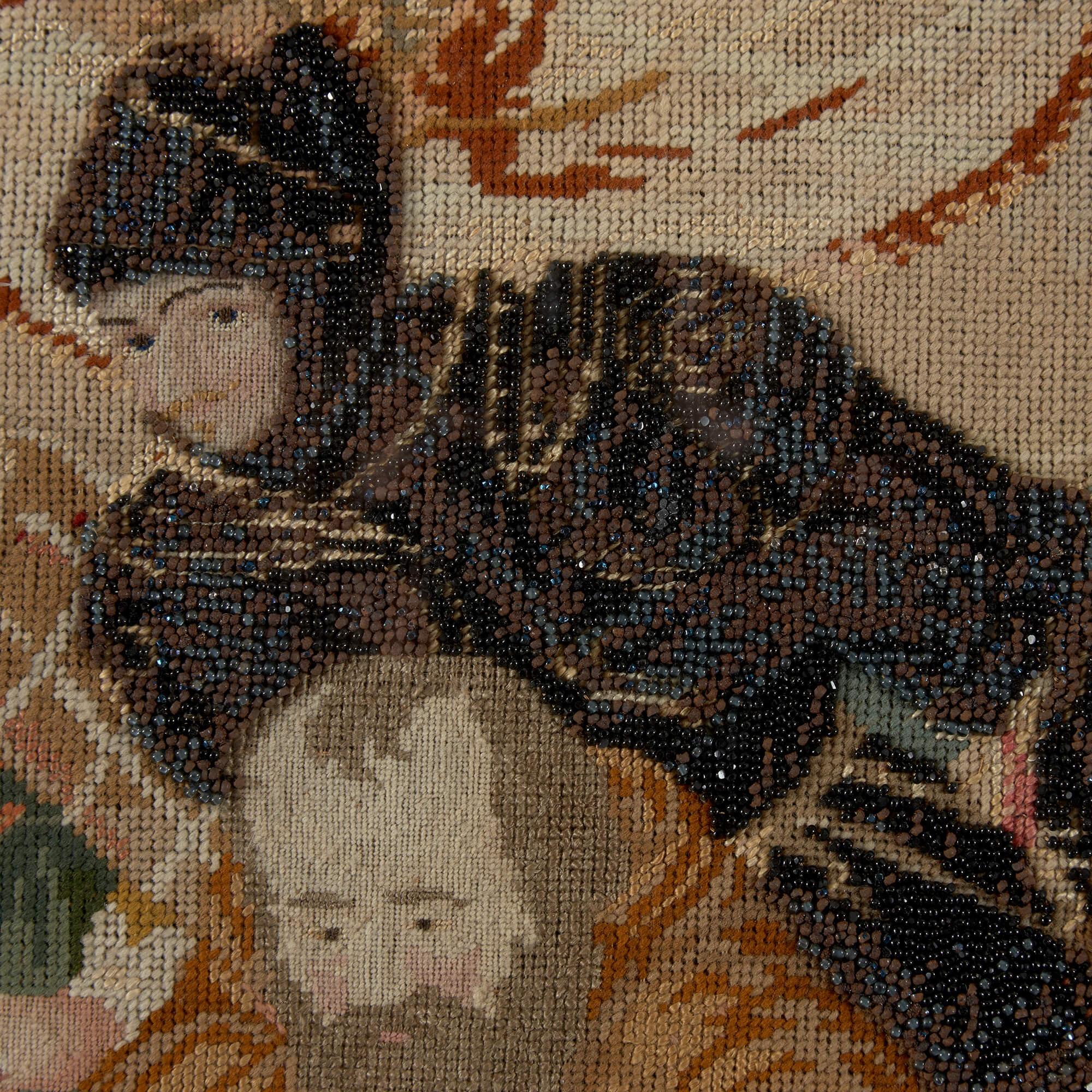 Embroidered Large Wool and Glass Beads Needlework Panel of Mary Queen of Scots For Sale