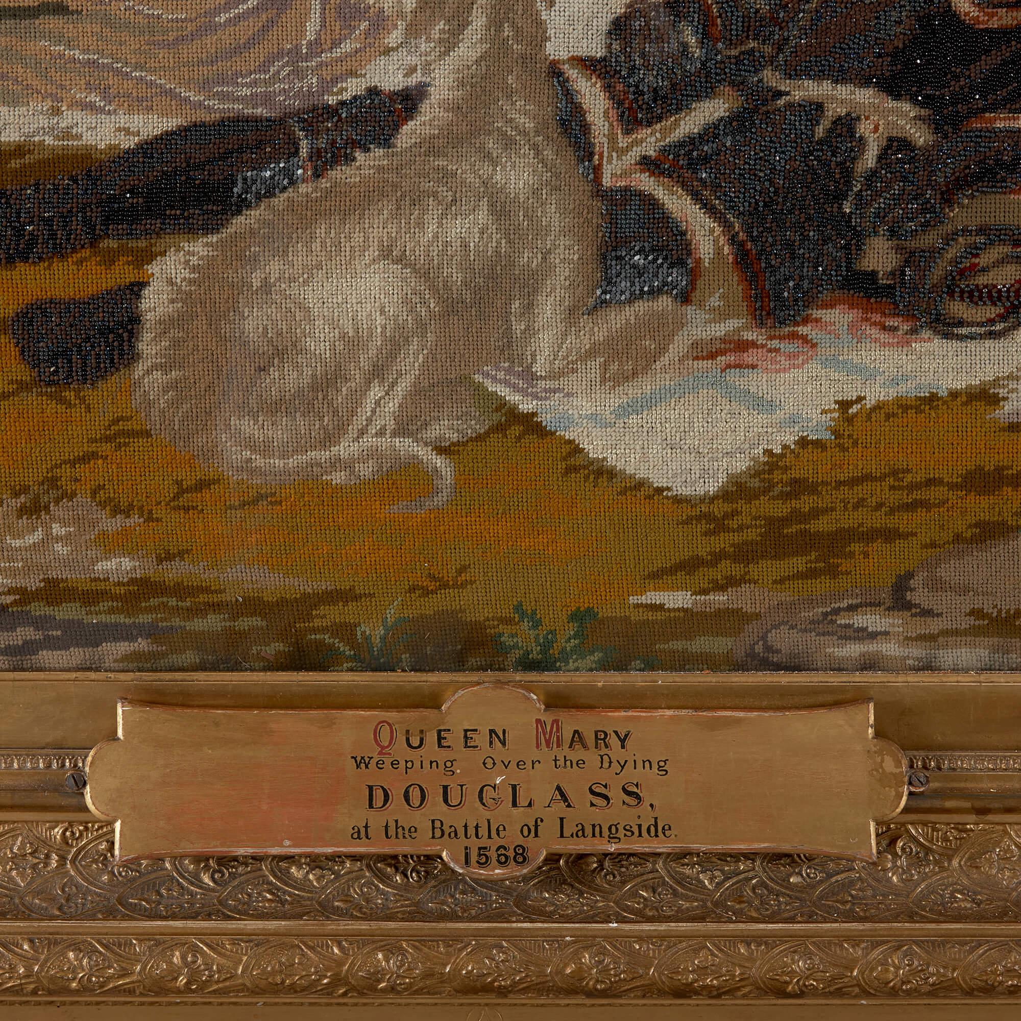 XIXe siècle Grand panneau de broderie en laine et perles de verre de Mary Queen of Scots en vente