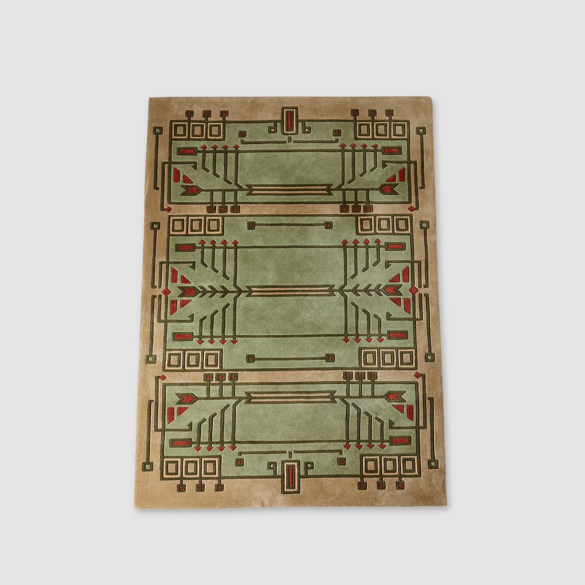 Esta alfombra de pelo medio se basa en un diseño de Frank Lloyd Wright de 1902 para la casa Arthur B. Heurtley de Oak Park, Illinois. Anudada y esculpida a mano en lana y producida por Schumacher and Co. hacia 1986.
