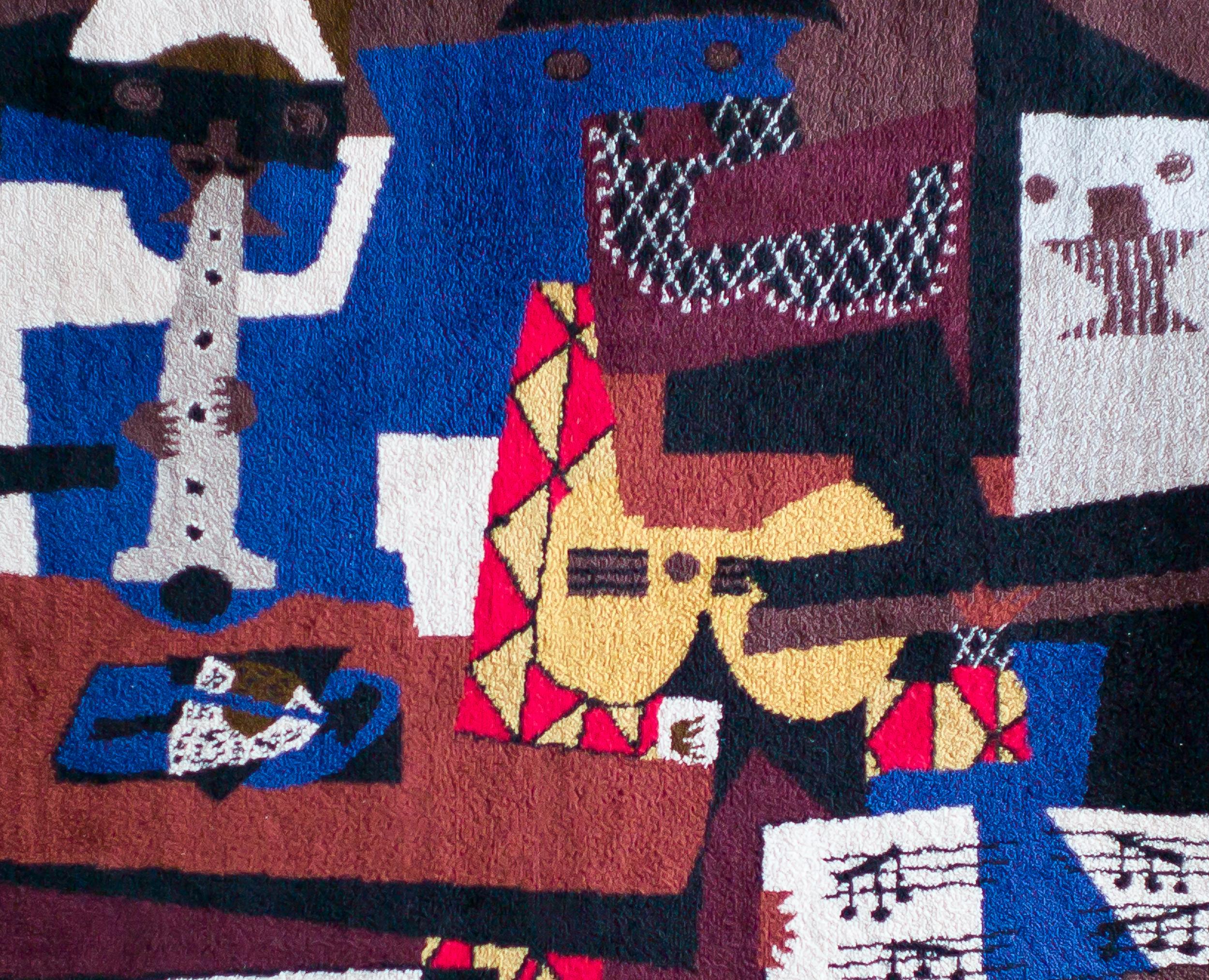 A fine wool carpet by Picasso, woven into short pile tapestry.
After the painting in the Museum of Modern Art, New York. From the limited edition of 500, manufactured and published by Desso, Netherlands, under the license of Succession Picasso,
