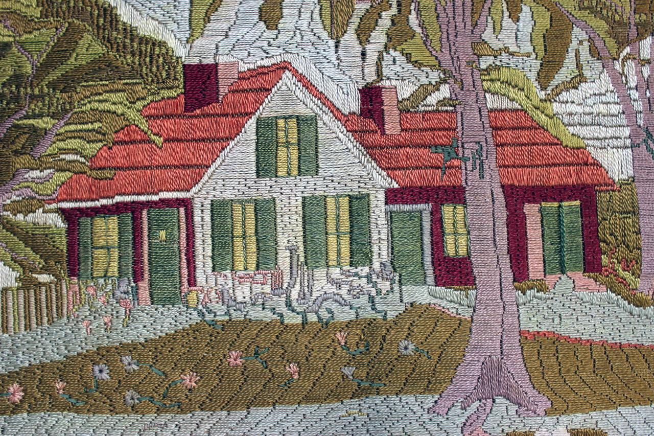 American Large Woolwork Picture of a Farmhouse, First Part of the 20th Century