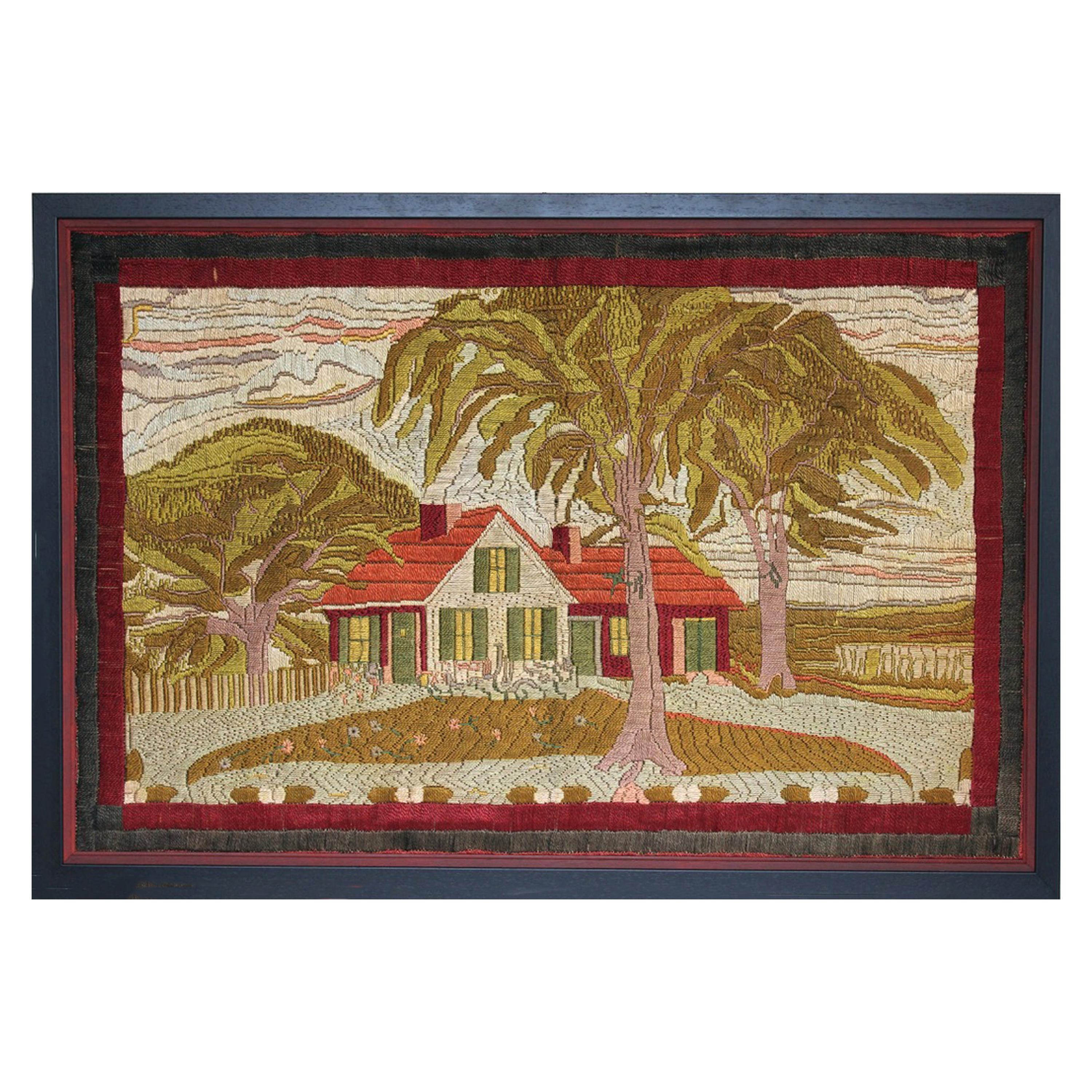 Large Woolwork Picture of a Farmhouse, First Part of the 20th Century