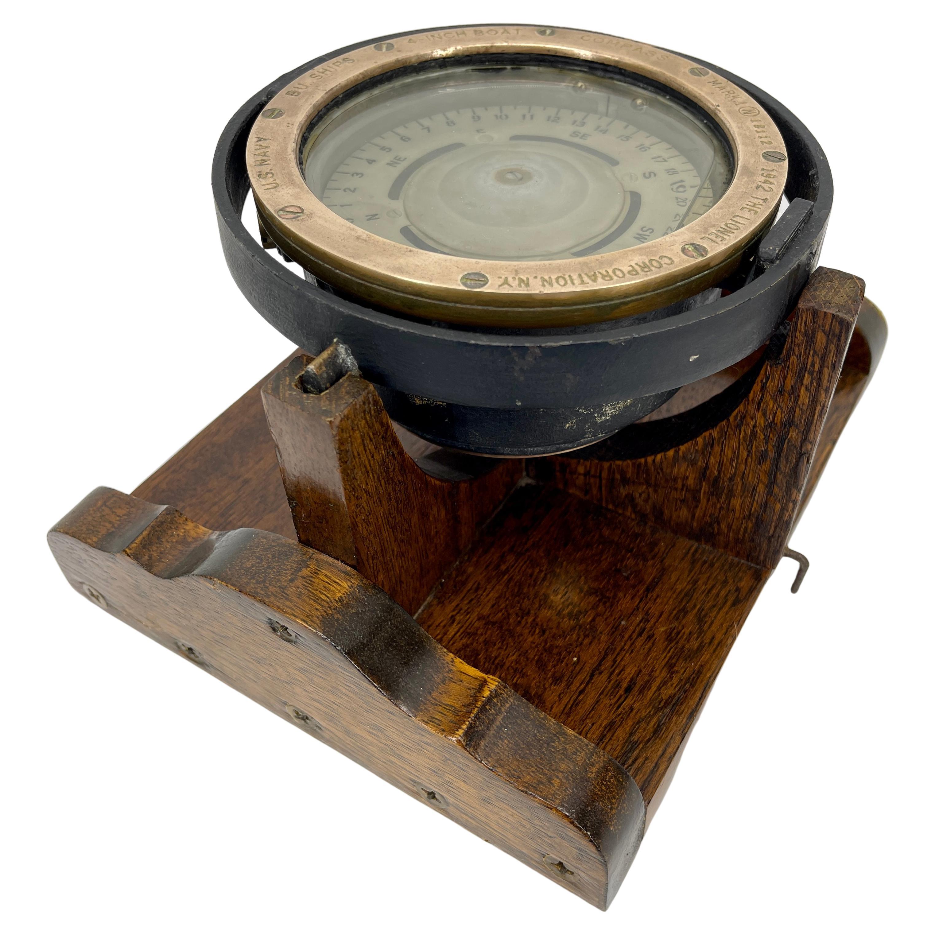Hand-Crafted Large World War II US Navy Brass Compass on Oak Stand, 1942
