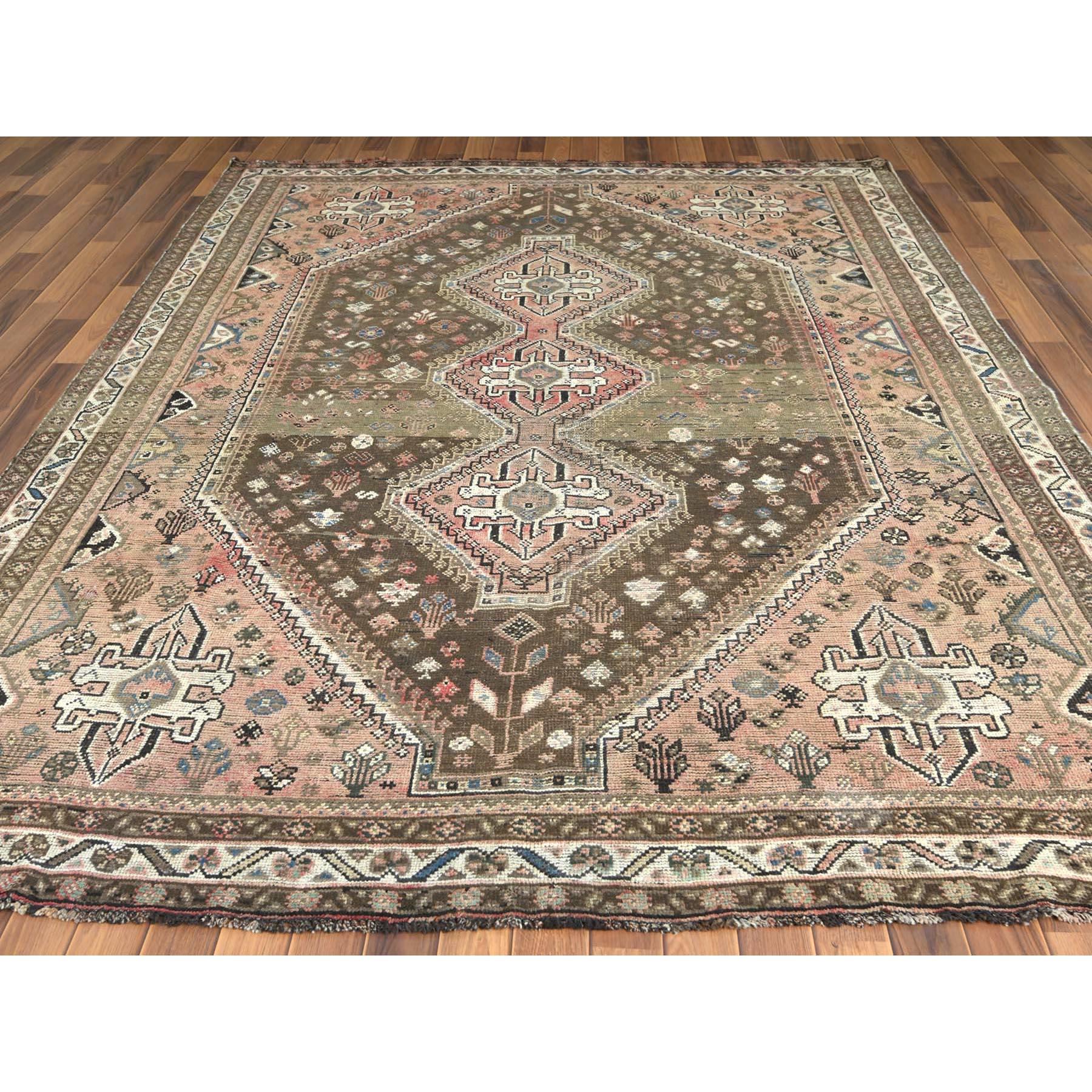 Medieval Large Worn Down Vintage Persian Shiraz, Abrash, Geometric Design Handmade Rug