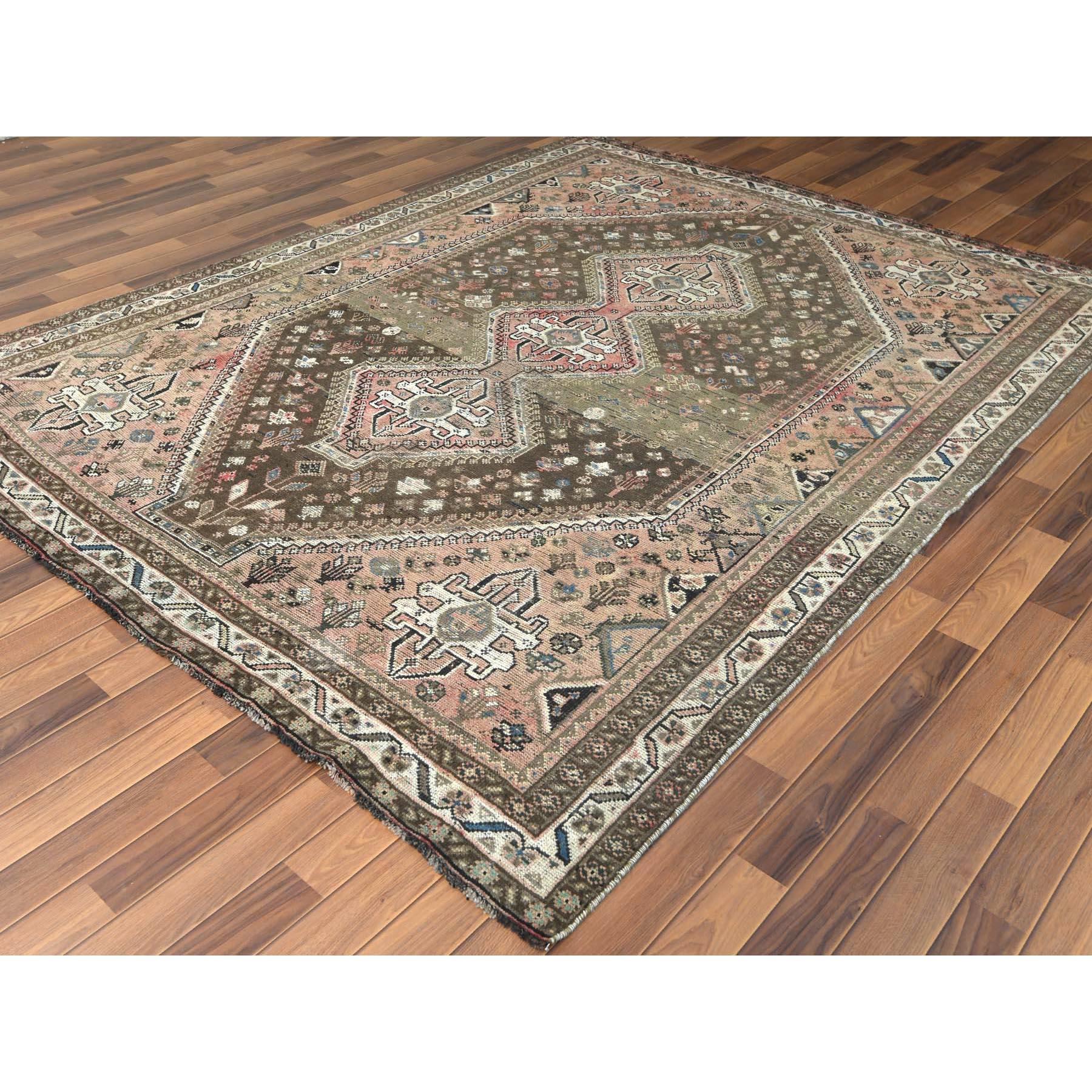 Hand-Knotted Large Worn Down Vintage Persian Shiraz, Abrash, Geometric Design Handmade Rug