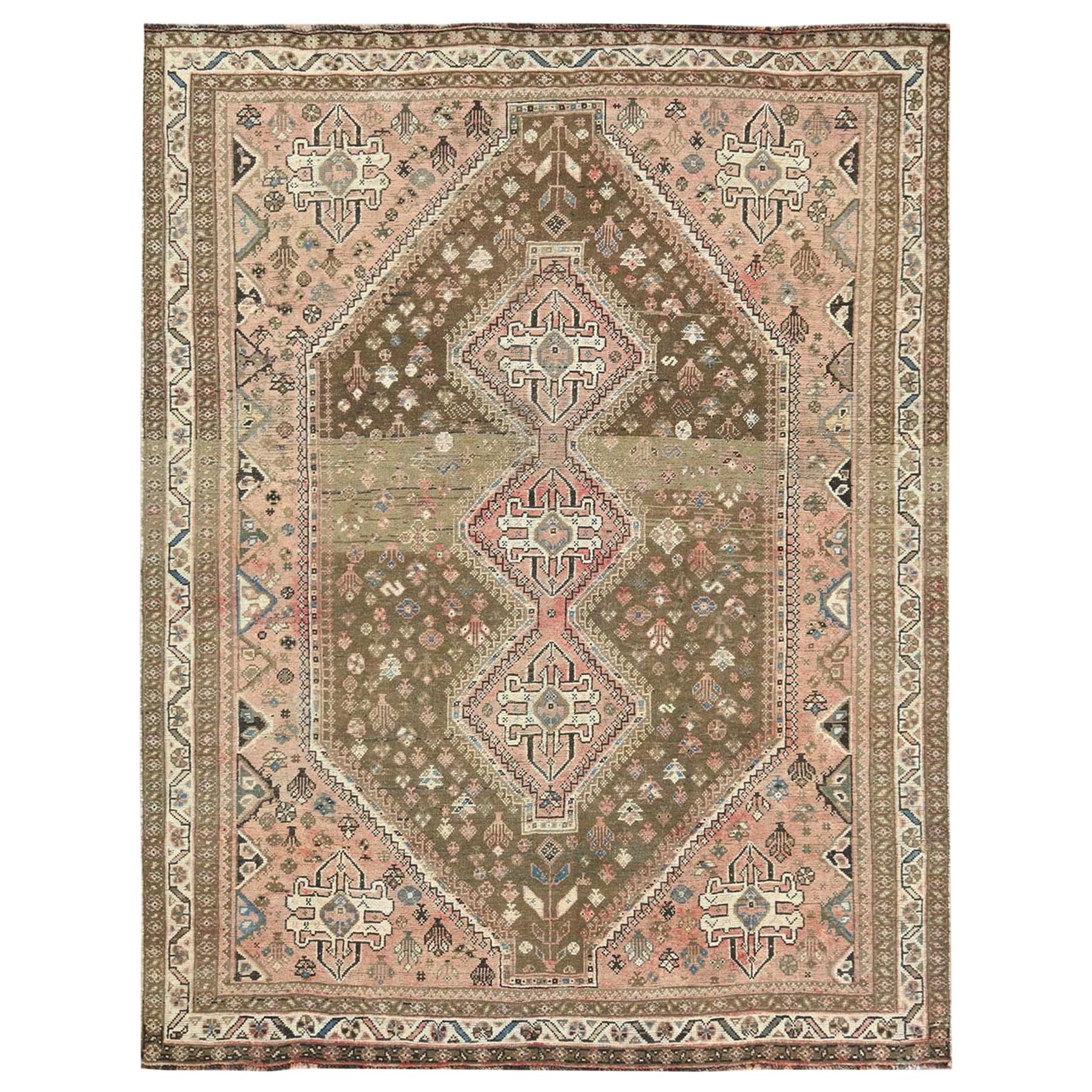 Large Worn Down Vintage Persian Shiraz, Abrash, Geometric Design Handmade Rug