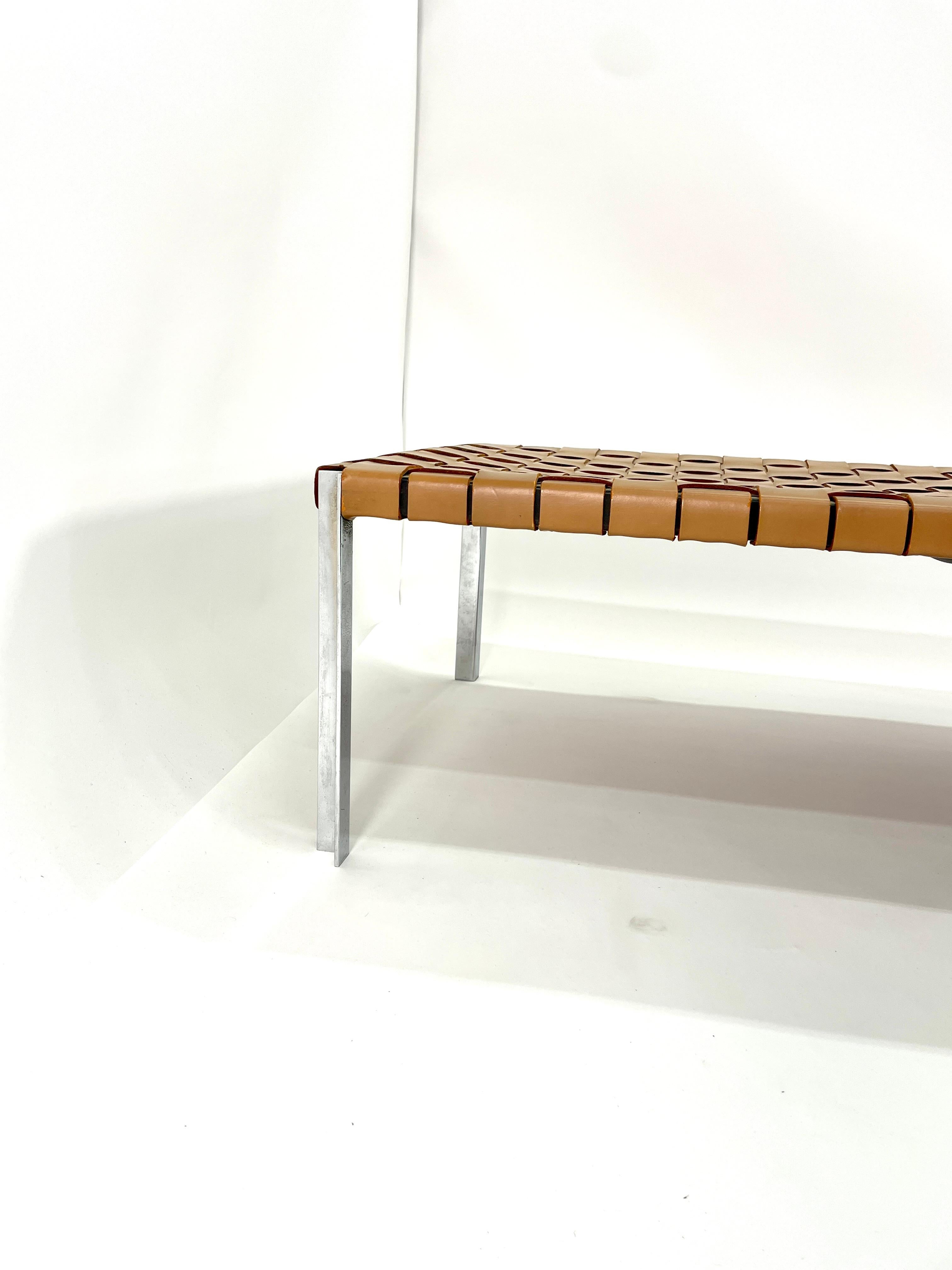American Large Woven Leather and Steel Bench by Erwine & Estelle Laverne For Sale